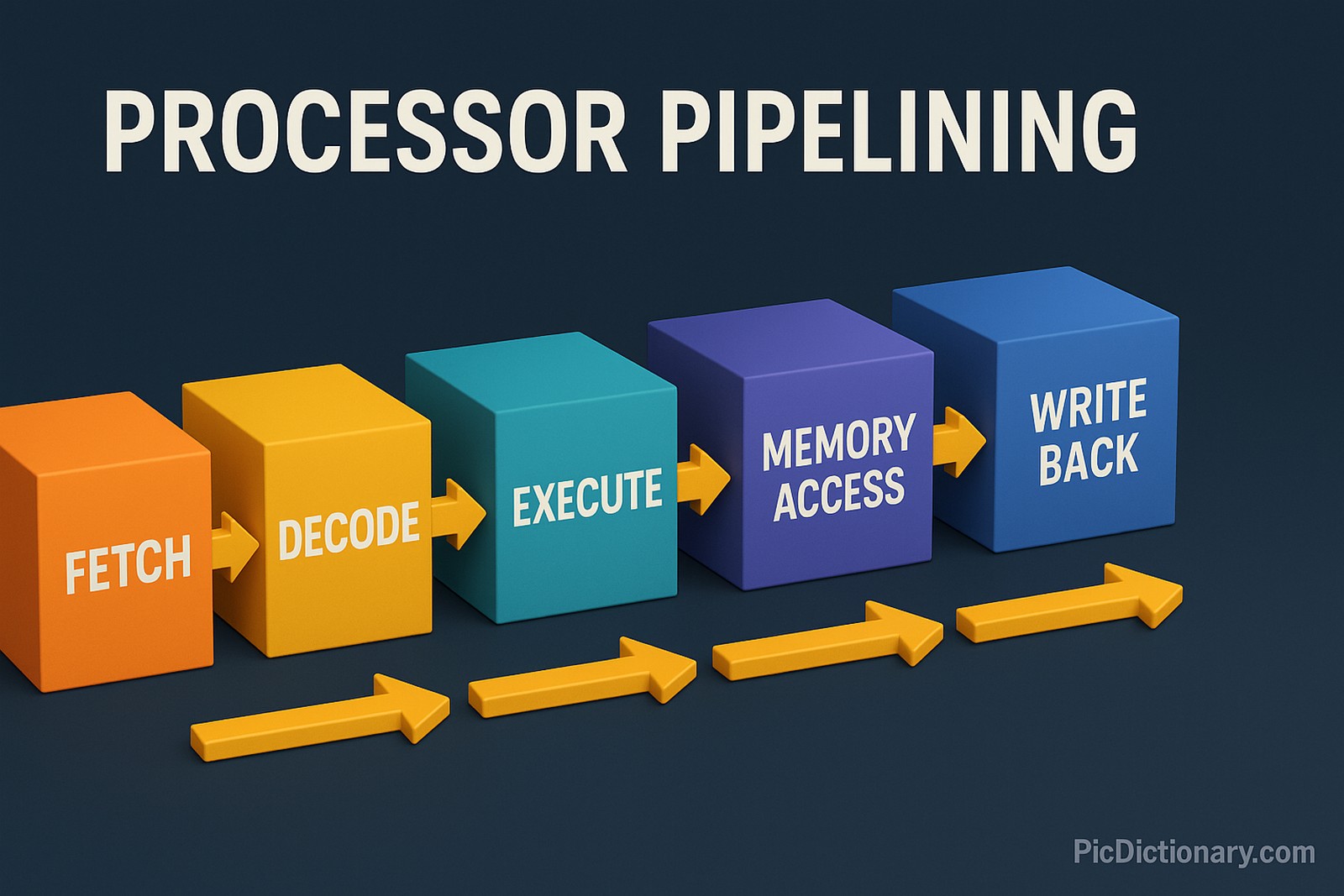 3D rendered infographic illustrating the concept of "Processor Pipelining" as a featured article image. The image has a dark-colored background and a 16:9 aspect ratio, with the title "Processor Pipelining" prominently displayed at the top. The visual features a sequential pipeline with multiple stages—such as Fetch, Decode, Execute, Memory Access, and Write Back—represented as a series of connected 3D blocks or chambers. Each block is labeled clearly, with arrows showing the flow of instructions through the pipeline stages, emphasizing parallel execution.