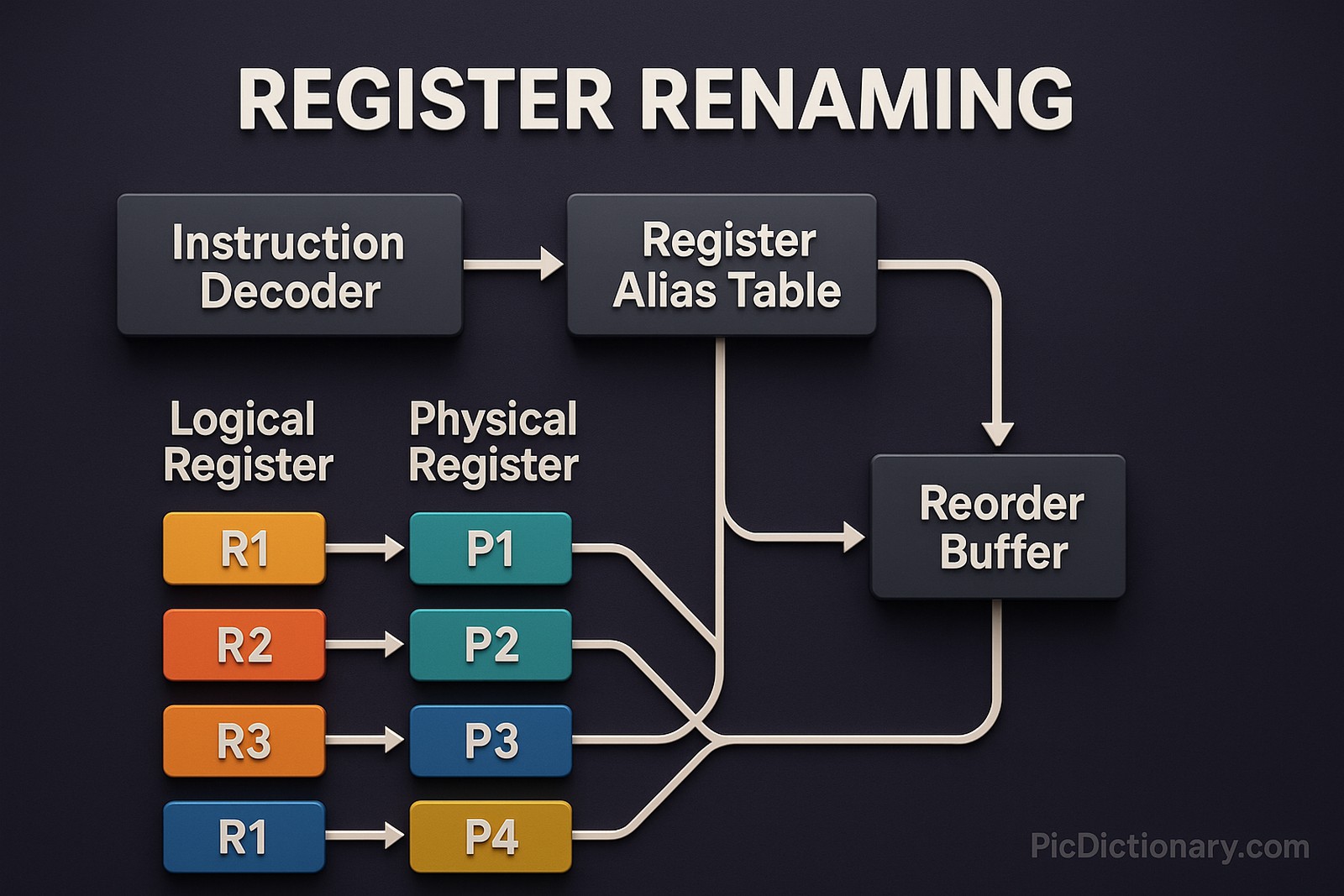 3D rendered infographic illustrating the concept of Register Renaming in CPU architecture. The visual shows a central processing pipeline with physical registers being dynamically assigned to logical registers through a mapping table. Arrows demonstrate how instructions that appear to write to the same logical register are rerouted to different physical registers to avoid conflicts. The image includes labeled components such as "Instruction Decoder," "Register Alias Table," "Physical Registers," and "Reorder Buffer." 