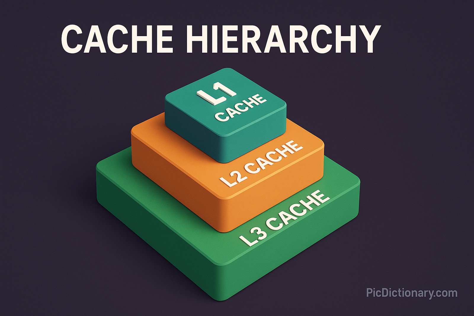  3D-rendered illustration showing a stepped block structure labeled "L1 CACHE," "L2 CACHE," and "L3 CACHE" to represent cache hierarchy, with a dark purple background and the title "CACHE HIERARCHY" at the top. 