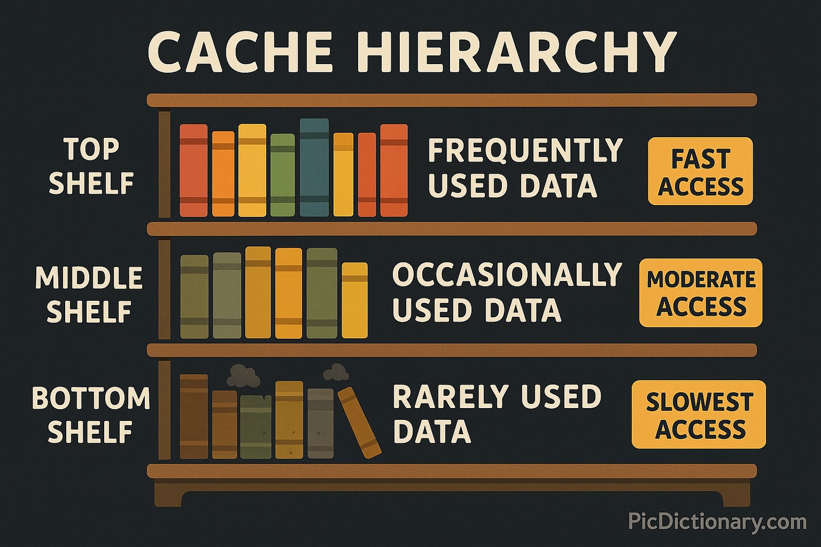 A flat-style digital illustration shows a three-shelf bookshelf labeled “Cache Hierarchy.” The top shelf is labeled “Top Shelf – Frequently Used Data – Fast Access” with brightly colored books. The middle shelf, labeled “Middle Shelf – Occasionally Used Data – Moderate Access,” has slightly duller books. The bottom shelf is labeled “Bottom Shelf – Rarely Used Data – Slowest Access” and contains dusty, faded books