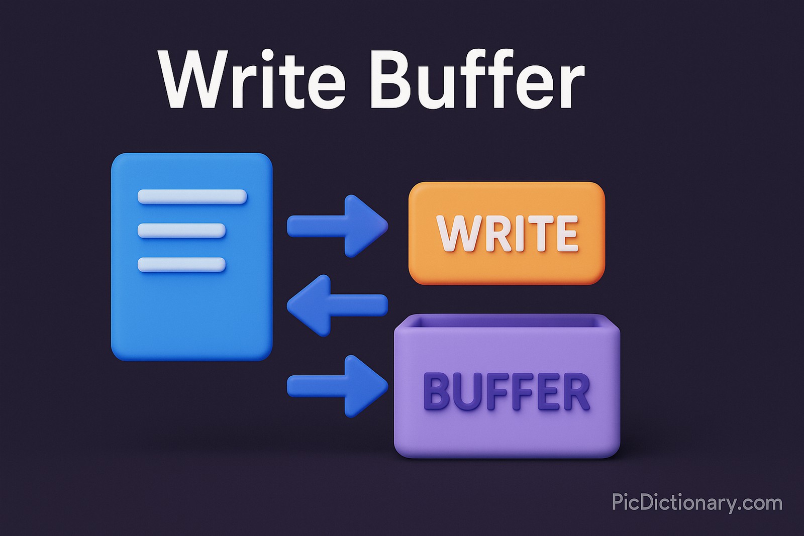A 3D-rendered digital illustration features the title "Write Buffer" in bold white text centered on a dark purple gradient background. Below the title, a visual workflow shows a blue document icon with arrows pointing toward an orange "WRITE" block and a purple "BUFFER" container, representing the flow of data into a write buffer. 