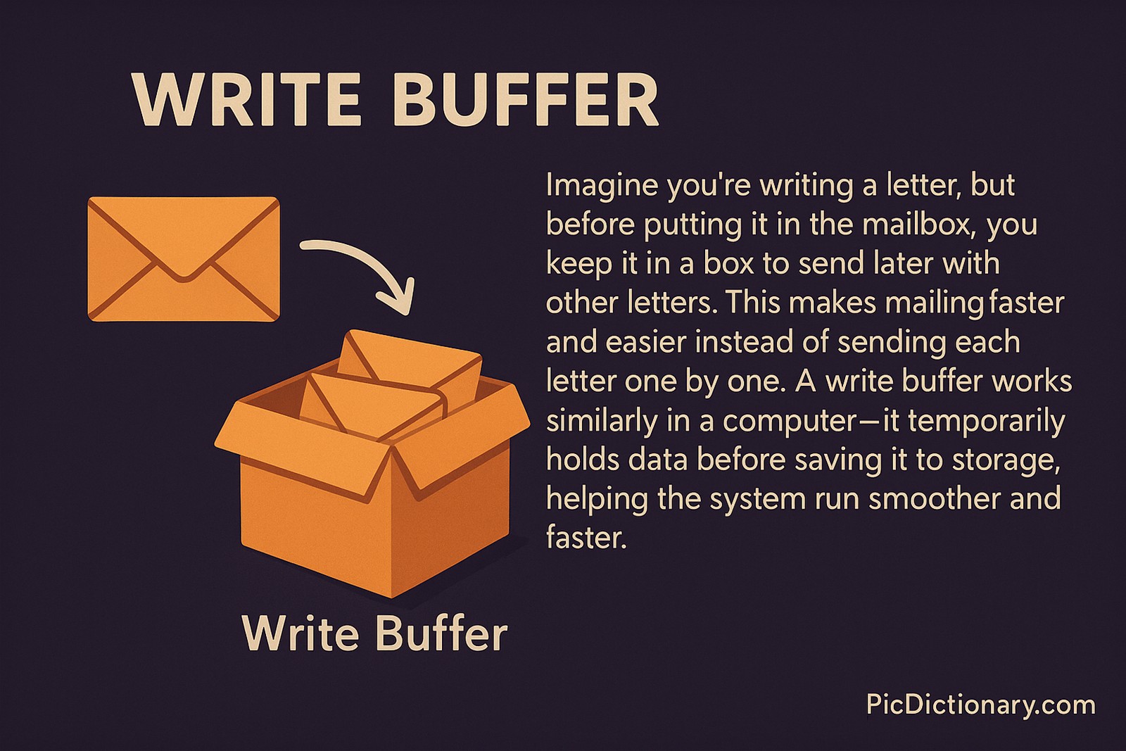 A 2D digital illustration explains the concept of a write buffer using a mail analogy. An envelope points to a box filled with letters, symbolizing data temporarily stored before final delivery. The image includes explanatory text on the right