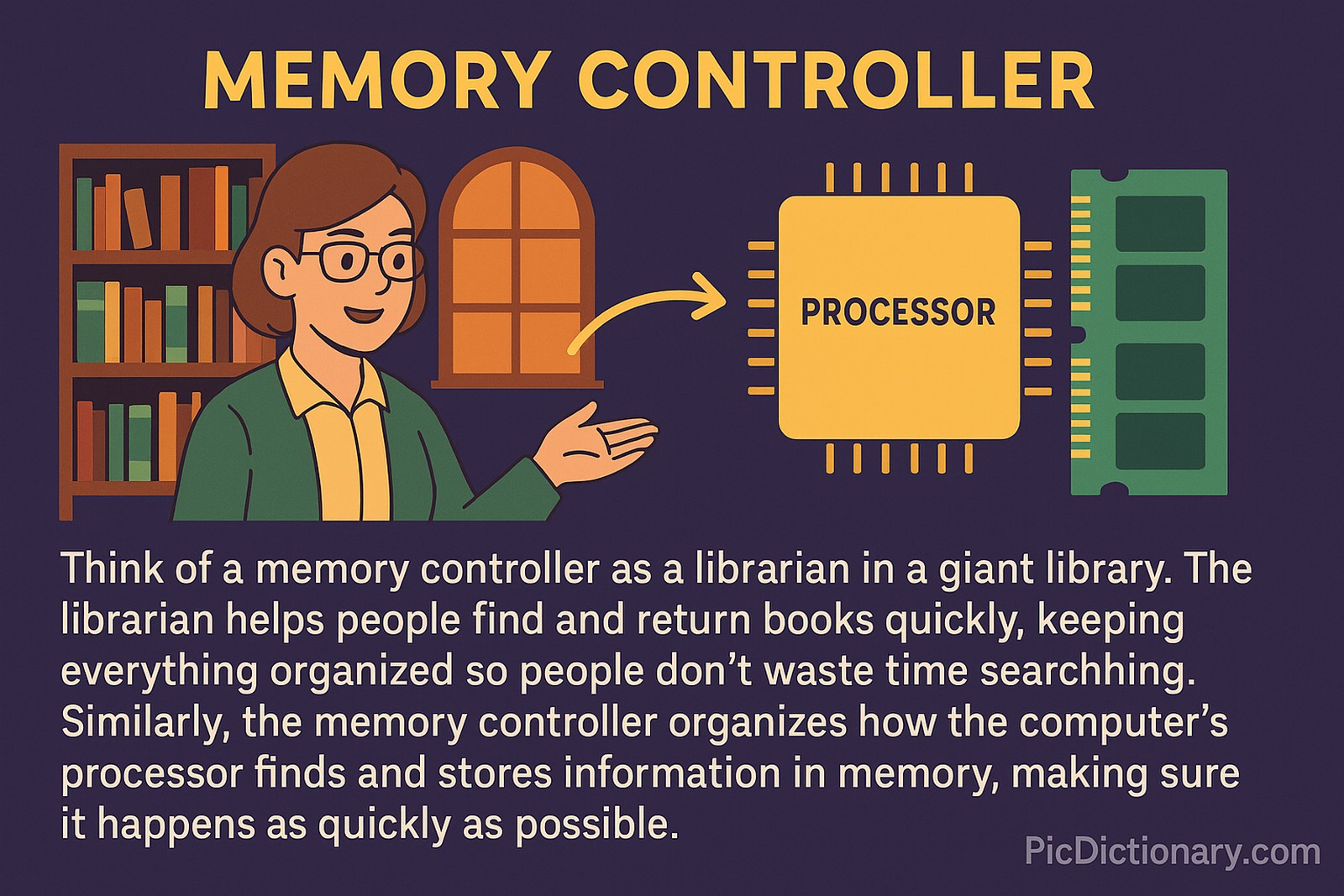 A flat-style digital illustration shows a librarian pointing toward a computer processor and memory module. The left side features a cheerful librarian in a library with bookshelves, while the right side illustrates a processor connected to memory chips. A curved arrow links the librarian to the processor, symbolizing the memory controller’s role. Text at the bottom explains the librarian analogy, highlighting how the memory controller organizes and manages data flow between the processor and memory