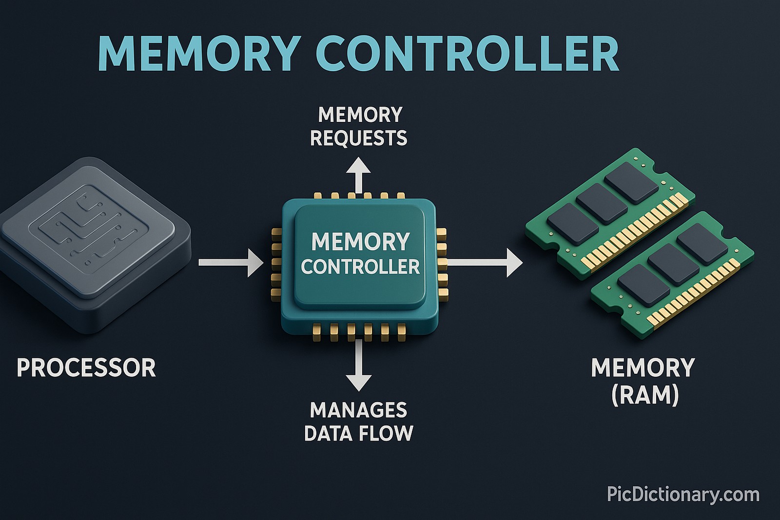 A 3D-rendered digital infographic on memory controllers featuring a dark blue background. Centered is a teal microchip labeled “Memory Controller,” with gold pins on all sides. To the left is a dark gray processor chip labeled “Processor,” connected by an arrow pointing right. Above the memory controller is an arrow labeled “Memory Requests.” To the right are two green RAM sticks labeled “Memory (RAM),” connected to the memory controller by a rightward arrow