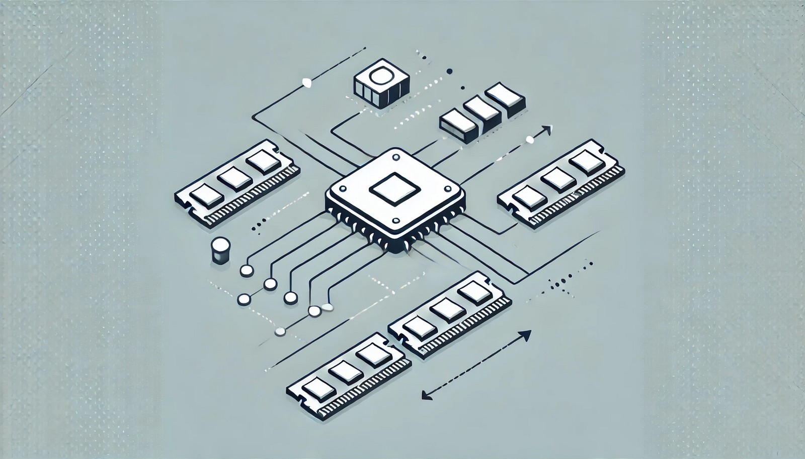  A minimalistic digital illustration of a memory controller, showing a processor connected to RAM modules with arrows indicating data flow. The clean and modern design visually represents memory management without text.