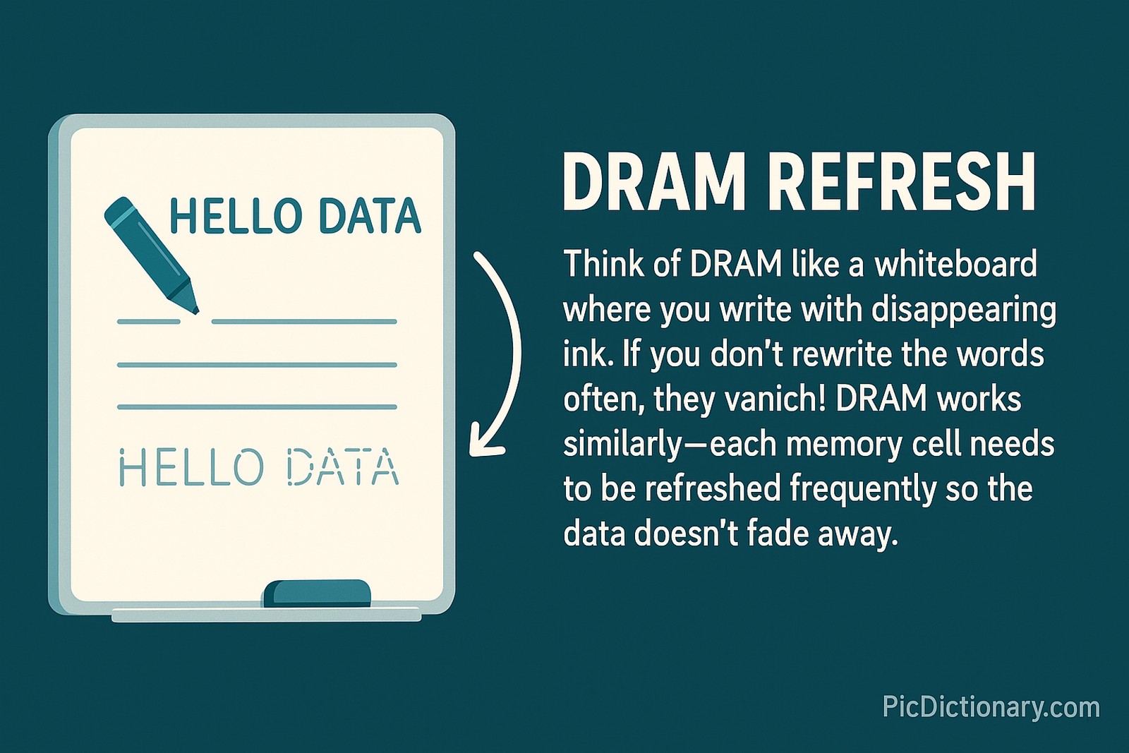 A 2D digital illustration explaining DRAM refresh. On the left, there's a whiteboard with fading text that says "HELLO DATA," written in disappearing ink, with a marker beside it. An arrow points to the right side where large text reads "DRAM REFRESH" and explains that DRAM is like a whiteboard needing frequent rewriting so data doesn't fade.