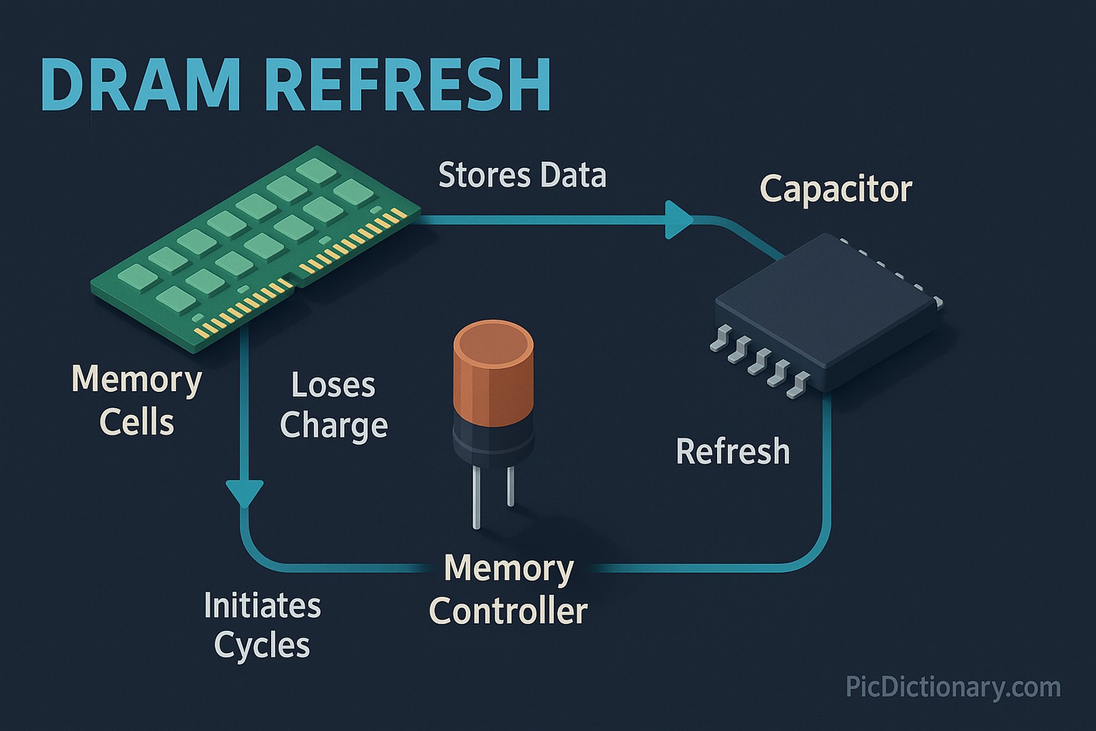 3D-style infographic titled "DRAM Refresh" on a dark blue background. The diagram shows a looped flow between four key components: "Memory Cells" labeled on a RAM stick, "Capacitor" chip storing data, "Memory Controller" depicted as a cylindrical component, and arrows labeled "Stores Data," "Loses Charge," "Refresh," and "Initiates Cycles" to explain the continuous refresh process.