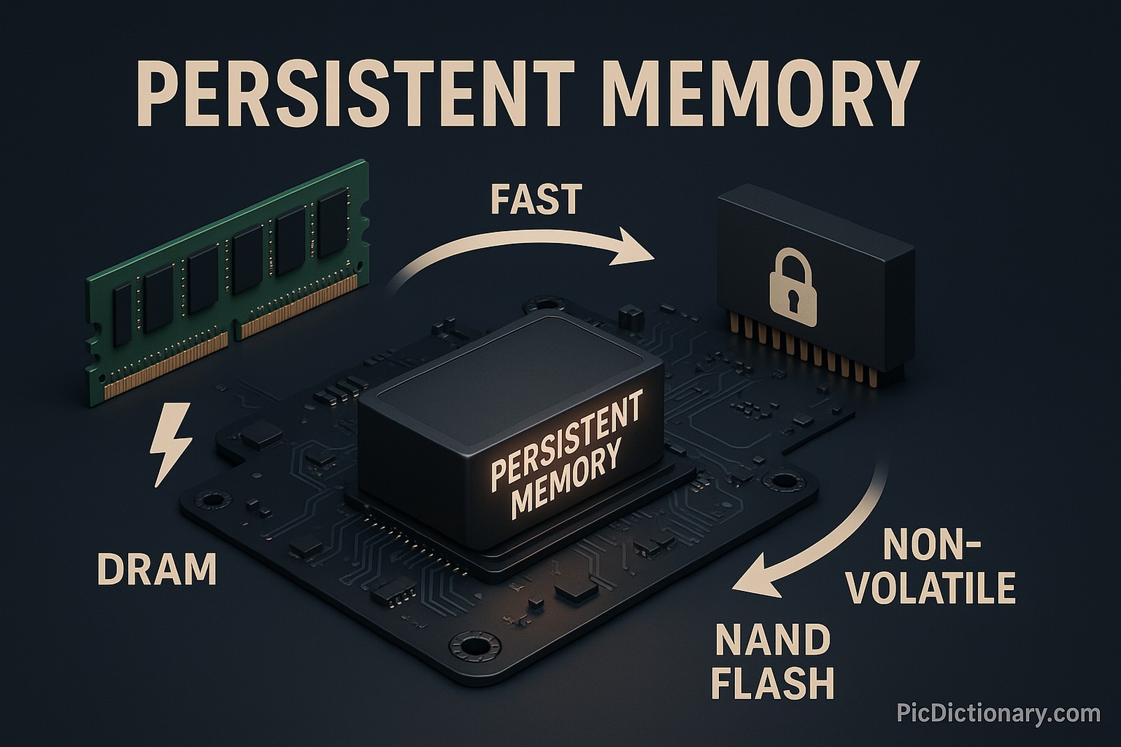 3D rendered infographic illustrating the concept of Persistent Memory. The scene features a dark background with a futuristic server motherboard showing a hybrid memory slot labeled “Persistent Memory” glowing subtly. To the left, a typical volatile DRAM module is shown with a lightning bolt icon representing power dependence. On the right, a non-volatile storage chip (like NAND flash) is depicted with a padlock icon symbolizing data retention. Arrows and icons illustrate fast access speeds and non-volatility. The top of the image displays the title “Persistent Memory” in bold, modern typography. 