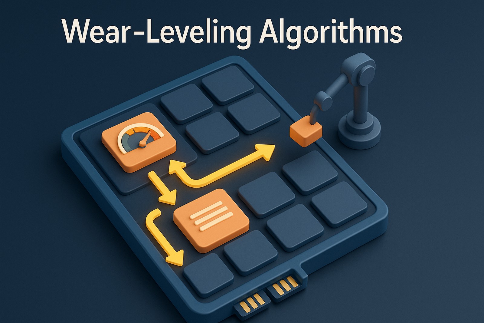 3D rendered digital illustration titled “Wear-Leveling Algorithms” showing a stylized internal view of a solid-state drive (SSD). The image features an array of flash memory blocks represented as square tiles, some of which are highlighted with wear meters and data usage indicators. A robotic arm or software mechanism is seen distributing write operations evenly across the blocks, symbolizing balanced usage. Arrows show data movement paths, illustrating dynamic allocation