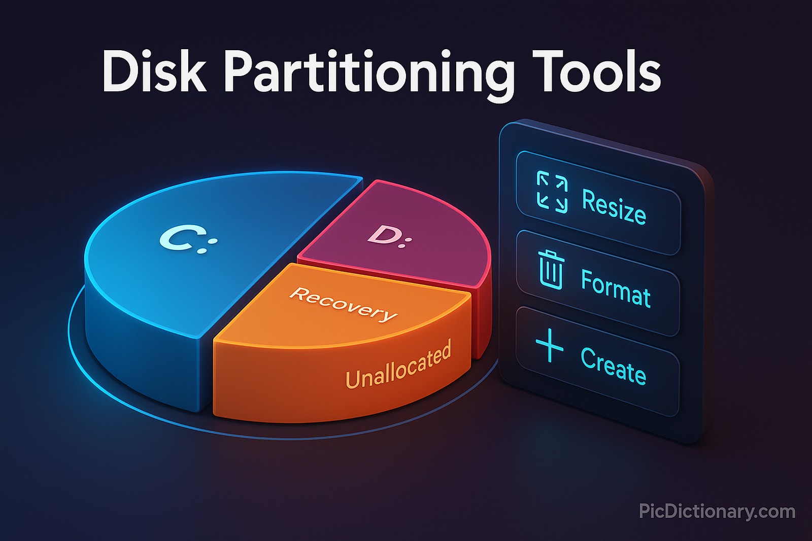 A 3D-rendered digital illustration with a dark-themed background, showing a futuristic dashboard or interface displaying a hard drive split into multiple color-coded sections labeled "C:", "D:", "Recovery", and "Unallocated". Each section is represented as a glowing tile or block, symbolizing different partitions. On one side, a virtual control panel with icons like "Resize", "Format", and "Create" is displayed as holographic buttons. Above the layout, the title “Disk Partitioning Tools” appears in bold, modern font. 