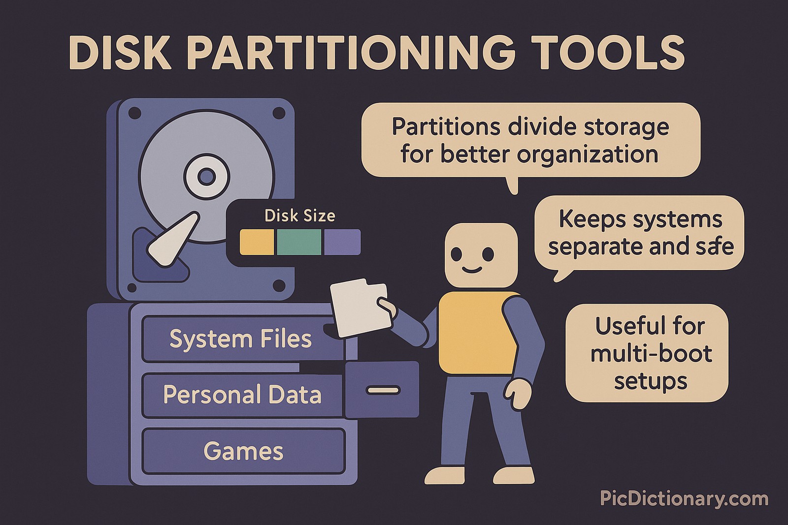 A 3D-style illustration explaining disk partitioning using a simple analogy. The scene shows a large digital hard drive represented as a cabinet with labeled drawers. Each drawer is labeled with names like “System Files,” “Personal Data,” “Games,” and “Backups,” illustrating separate partitions. A cartoon-style character, like a file manager or robot, is organizing files into each drawer. Above the cabinet, there’s a chart showing disk size and partition bars in color. Explanatory text bubbles describe: “Partitions divide storage for better organization,” “Keeps systems separate and safe,” and “Useful for multi-boot setups.”