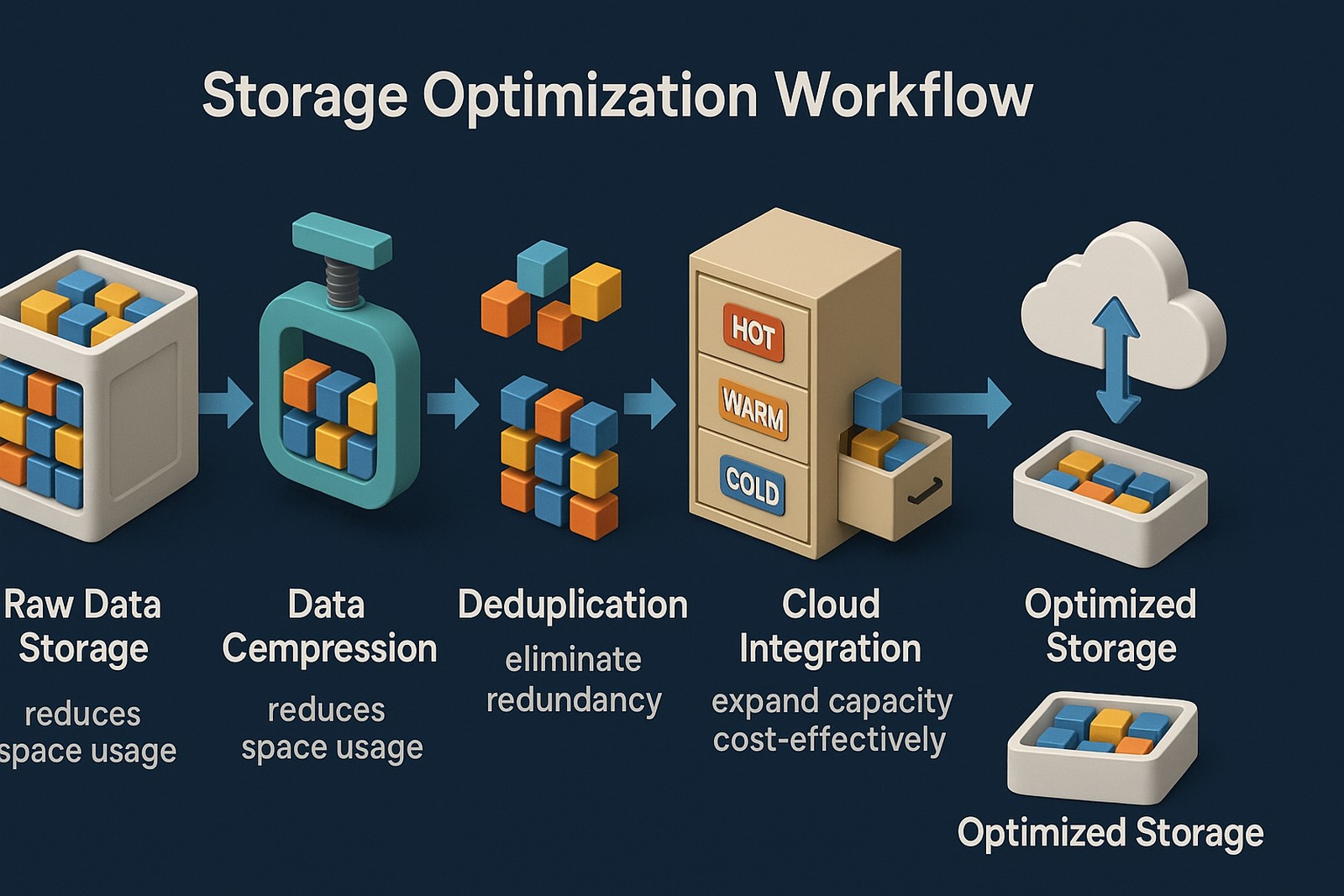 A 3D infographic titled “Storage Optimization Workflow” on a dark blue background, visually explains the six-step process of optimizing data storage.