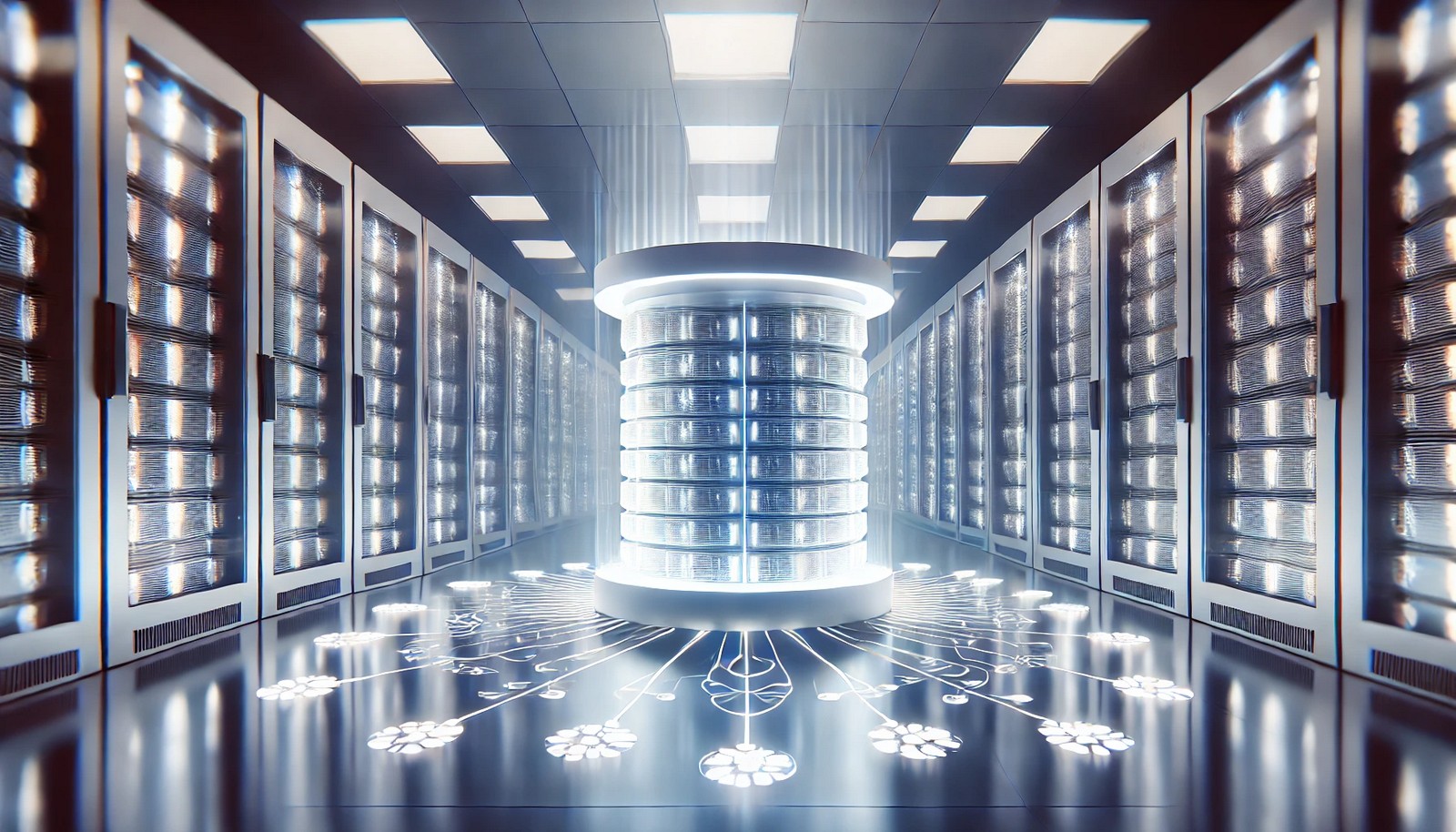  A futuristic data server room with glowing, interconnected storage units representing storage optimization. The design is minimalistic, with efficient data flow, organized storage, and a sleek, modern aesthetic in blue and purple tones.
