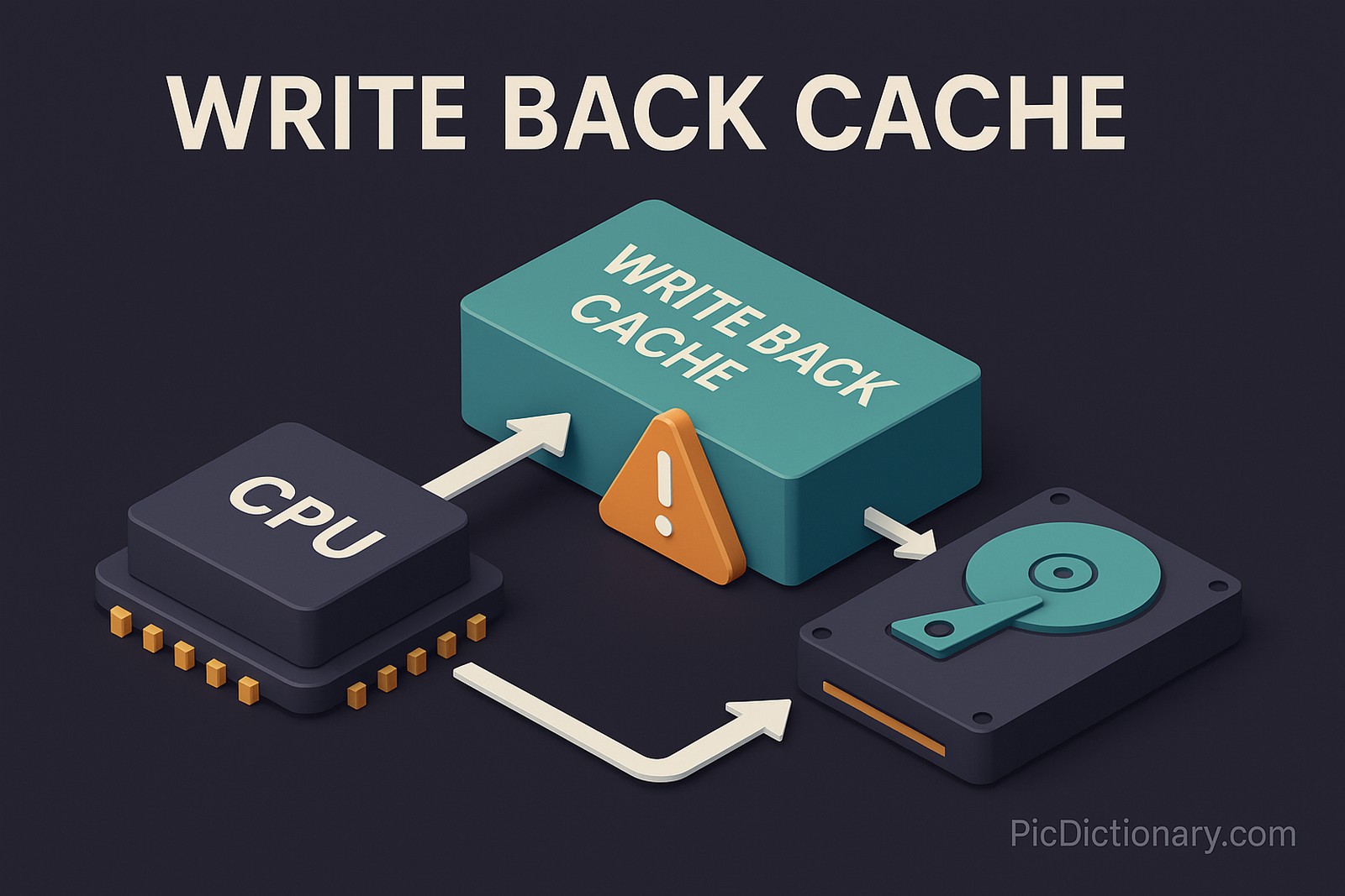 3D rendered infographic illustrating the concept of "Write Back Cache." The scene shows a central processor (CPU) linked to a cache memory block labeled “Write Back Cache,” with arrows flowing from the CPU to the cache and then to a storage drive, representing delayed data writing. A warning icon appears near the cache, highlighting potential data loss during sudden power failure. 