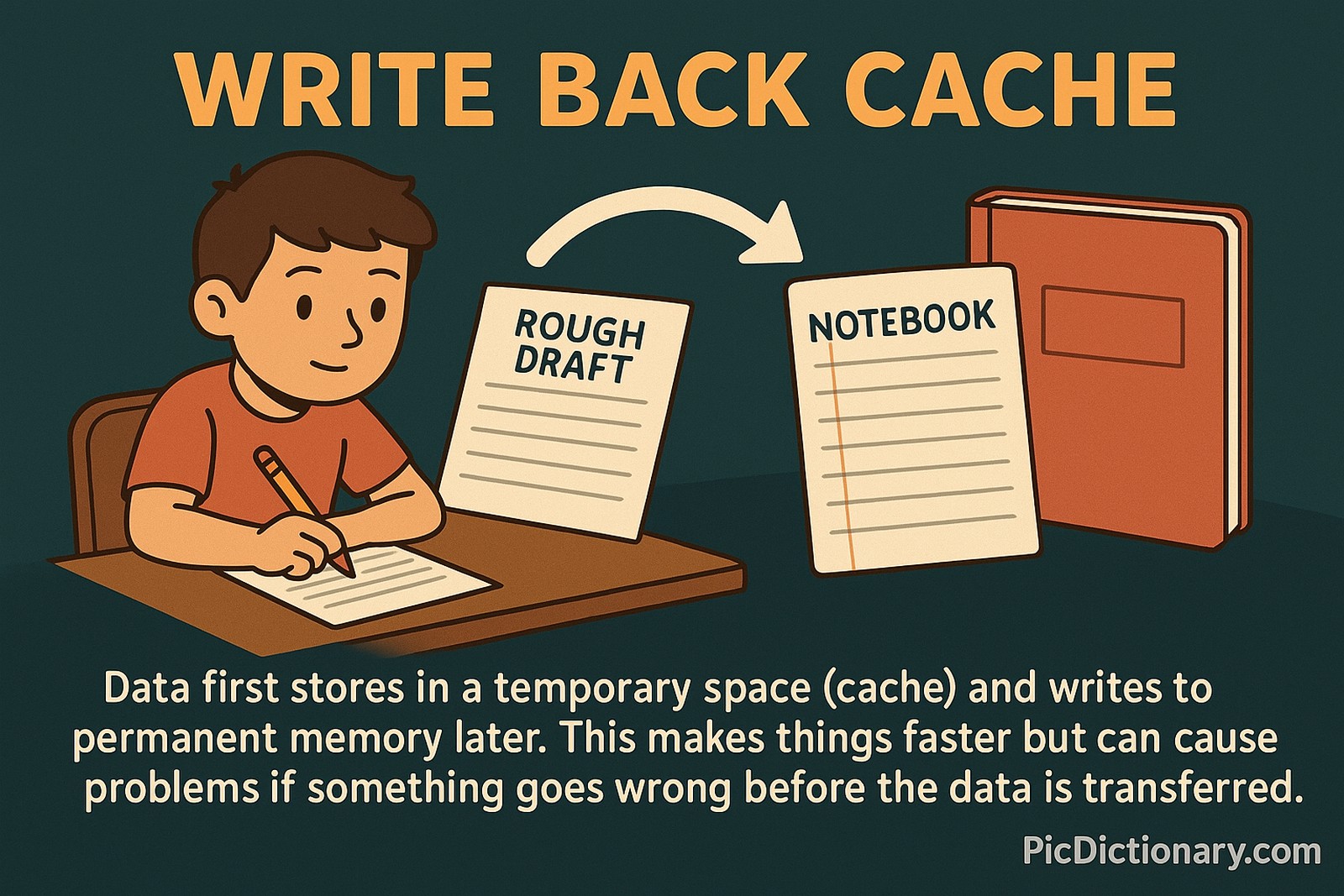 A 2D educational digital illustration titled "WRITE BACK CACHE" shows a student writing on a rough draft, with an arrow pointing to a notebook representing permanent storage. The background is a dark teal color with orange-yellow text. The bottom text explains that data is first stored in cache and written later to memory, making processes faster but risky if interrupted. 