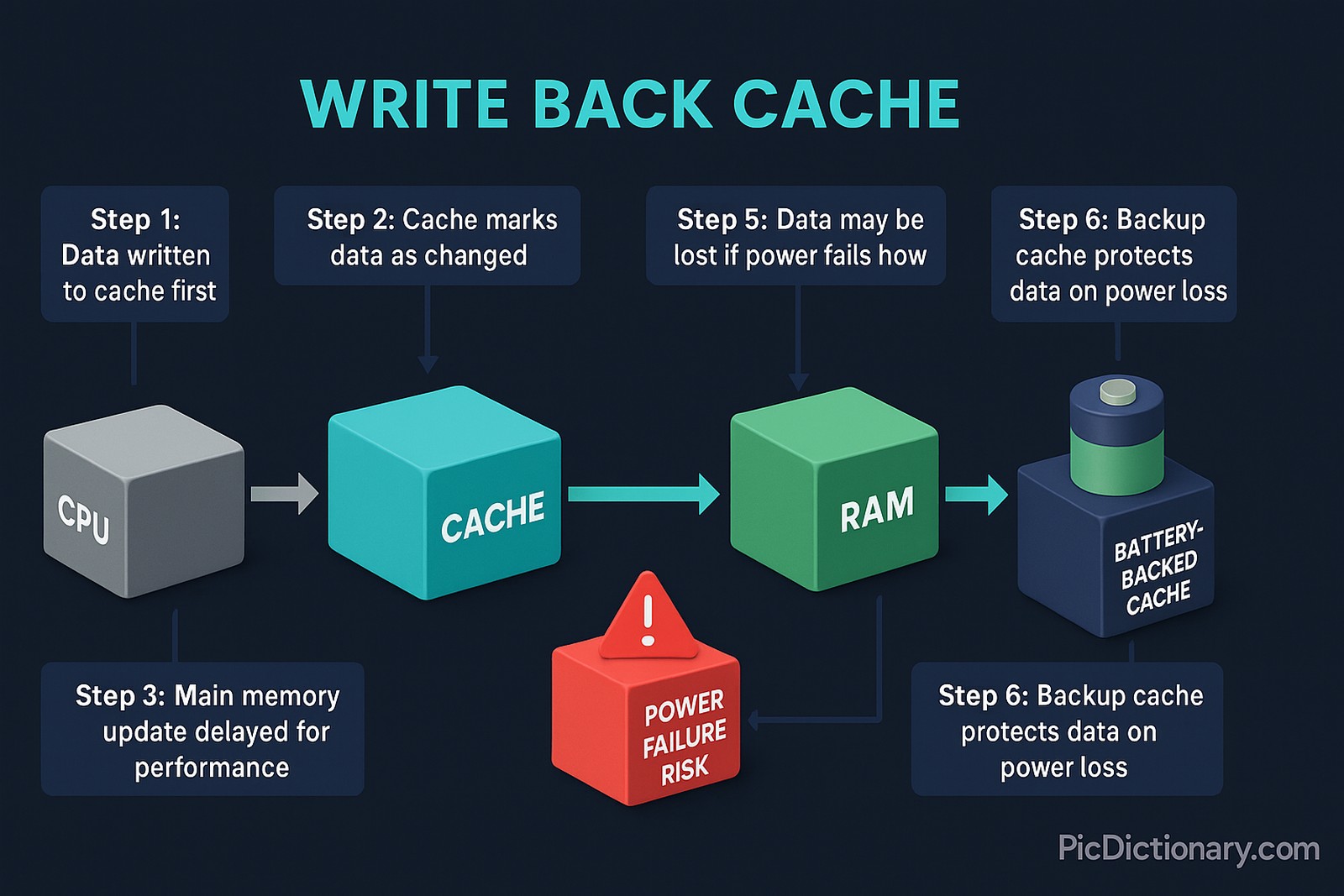 3D infographic illustrating the Write Back Cache mechanism. A CPU writes data to a cache module, which delays writing to RAM. The steps show how data is temporarily stored in cache, marked as modified, and later committed to main memory, with warnings about data loss risk on power failure. Battery-backed cache and non-volatile memory are also illustrated as safeguards.