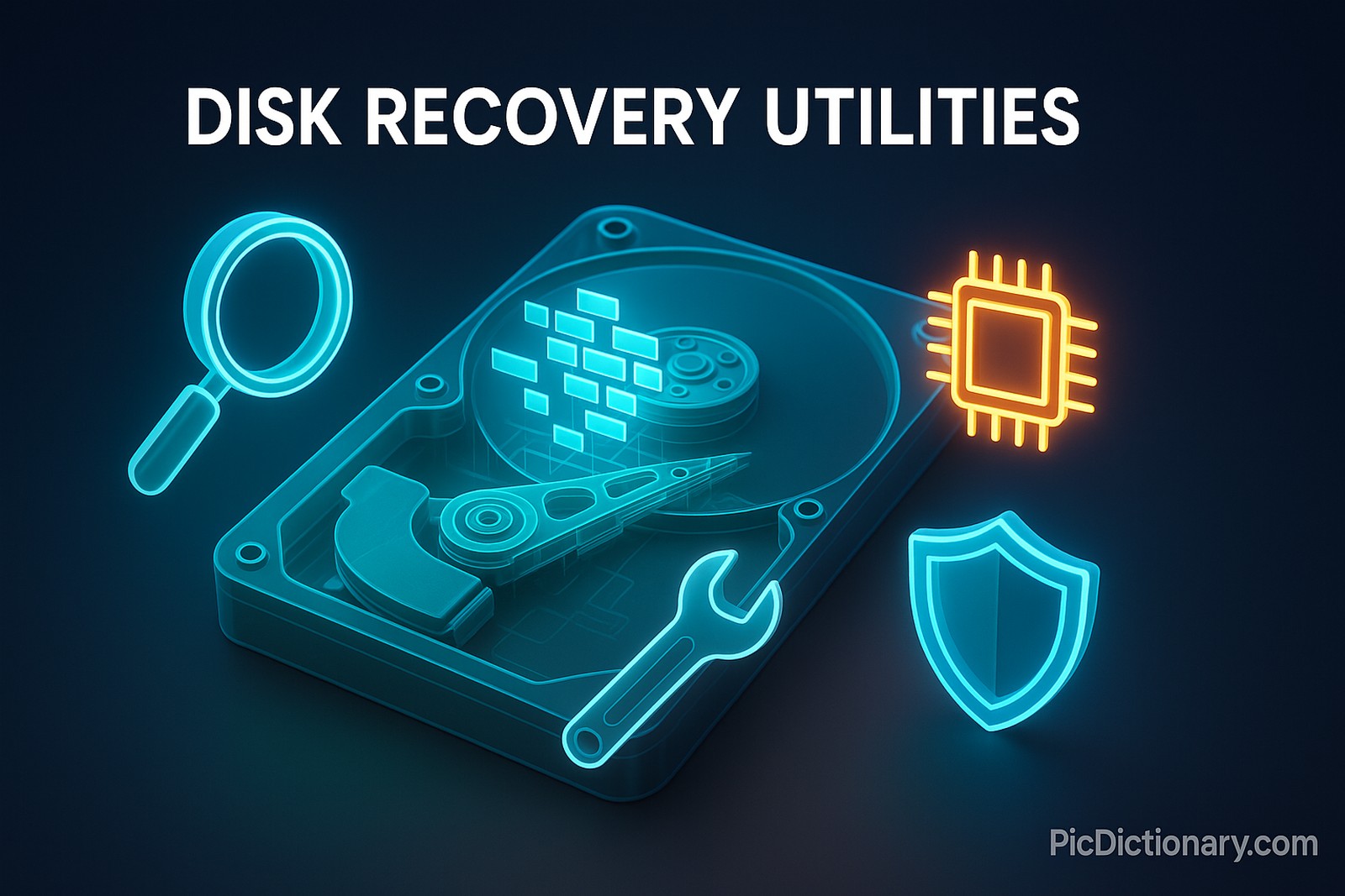 3D rendered image titled "Disk Recovery Utilities" in bold, centered at the top. The scene features a semi-transparent hard disk drive surrounded by glowing holographic tools—magnifying glass, wrench, data chip, and shield—each representing analysis, repair, data restoration, and protection. A digital interface displays data blocks being reconstructed. The background is a dark, tech-themed gradient.