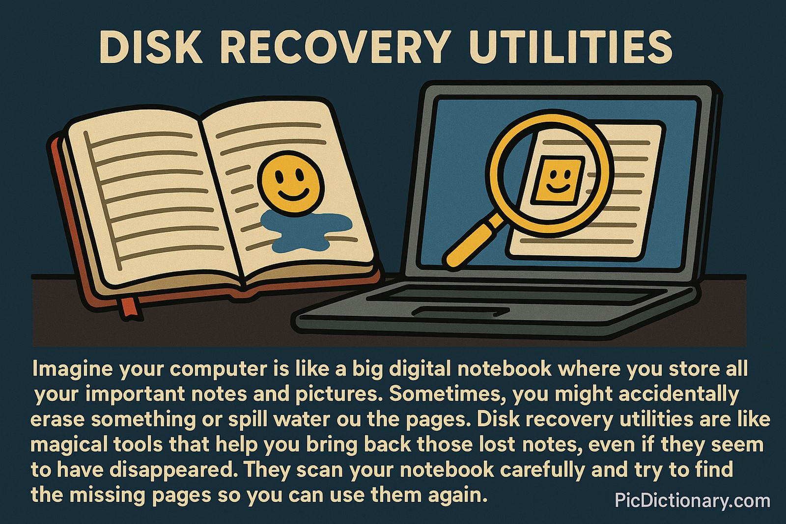 A flat-style digital illustration with bold lines and a dark teal background shows a visual metaphor for disk recovery utilities. On the left, there's an open notebook with a smiley face doodle and a blue spill, symbolizing accidental data loss. On the right, a laptop screen displays a magnifying glass zooming in on a recovered notebook page, representing data recovery. Below the visuals, explanatory text describes how disk recovery utilities work like magical tools to retrieve lost digital information. 