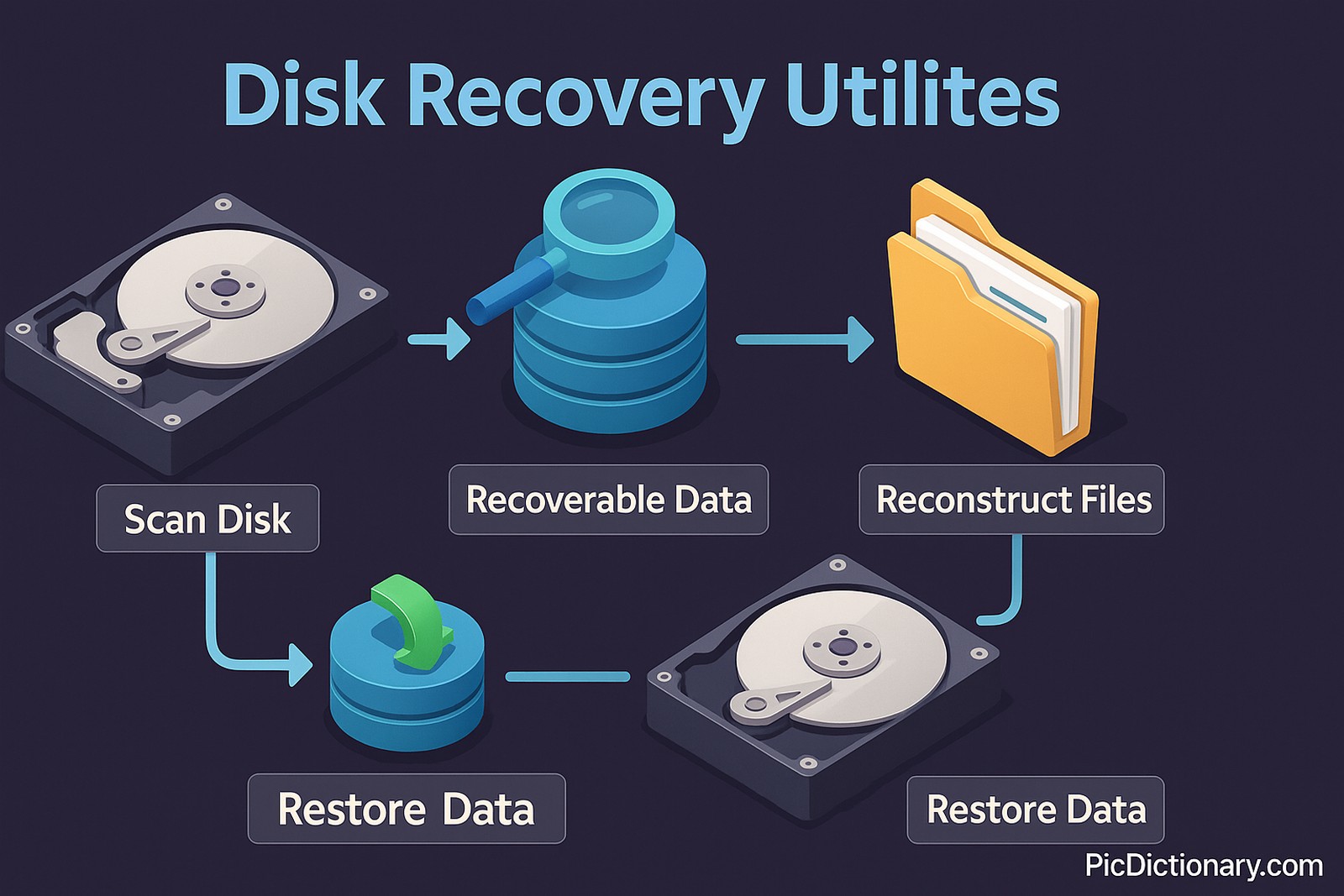 3D digital infographic titled “Disk Recovery Utilities” on a dark purple-blue background. The workflow begins with a hard disk labeled “Scan Disk,” leading to a magnifying glass icon labeled “Recoverable Data.” Next, a yellow folder is shown as “Reconstruct Files,” followed by a circular recovery arrow labeled “Restore Data,” and ending at a hard disk labeled “Restore Data.