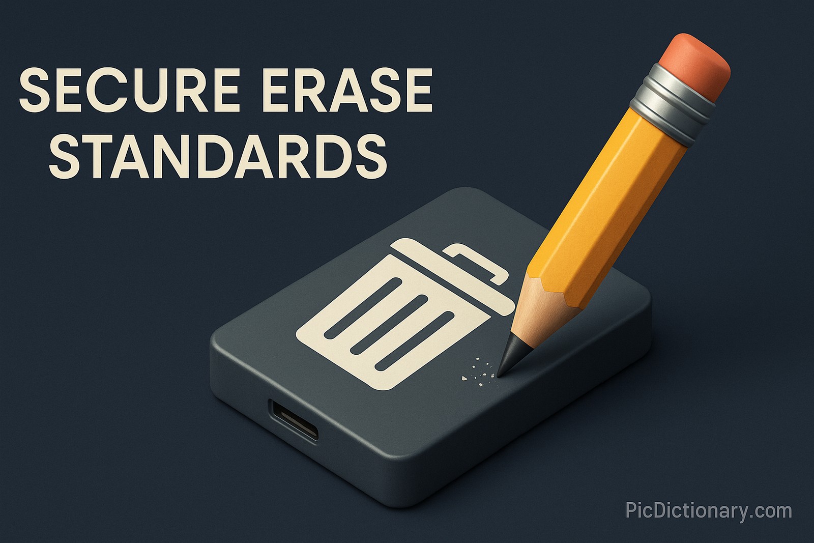 A 3D-rendered illustration of a dark gray external hard drive with a white trash can icon on it. An oversized pencil is erasing the icon, symbolizing secure data deletion. The background is a dark blue shade, and the title “Secure Erase Standards” is clearly visible on the left. 