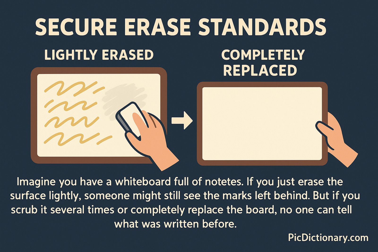 A 2D digital infographic titled "Secure Erase Standards" compares two whiteboards side by side. On the left, labeled "Lightly Erased," a hand uses an eraser on a whiteboard with faint leftover scribbles still visible. On the right, labeled "Completely Replaced," a clean whiteboard is held by another hand, showing no trace of previous content. Below the visuals, explanatory text reads: “Imagine you have a whiteboard full of notes. If you just erase the surface lightly, someone might still see the marks left behind. But if you scrub it several times or completely replace the board, no one can tell what was written before.” 