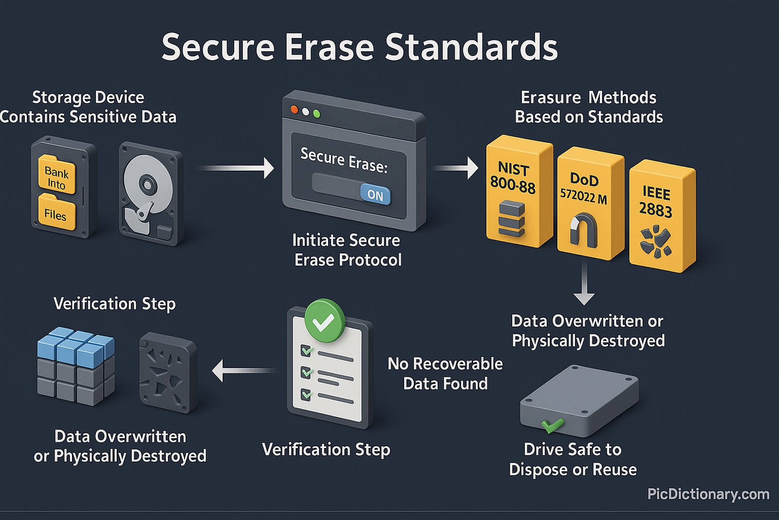 “Storage Device Contains Sensitive Data” – An SSD and HDD with visible labeled files like "Bank Info" and "Passwords."  “Initiate Secure Erase Protocol” – A settings interface or command-line screen showing “Secure Erase: ON.”  “Erasure Methods Based on Standards” – Three separate blocks labeled “NIST 800-88,” “DoD 5220.22-M,” and “IEEE 2883” with icons for overwriting, degaussing, and physical destruction respectively.  “Data Overwritten or Physically Destroyed” – An animation showing data blocks being zeroed out or a drive being shattered.  “Verification Step” – A checklist showing “No Recoverable Data Found.”  “Drive Safe to Dispose or Reuse” – A clean, empty drive icon with a green checkmark and text: “Secure & Sanitized.”