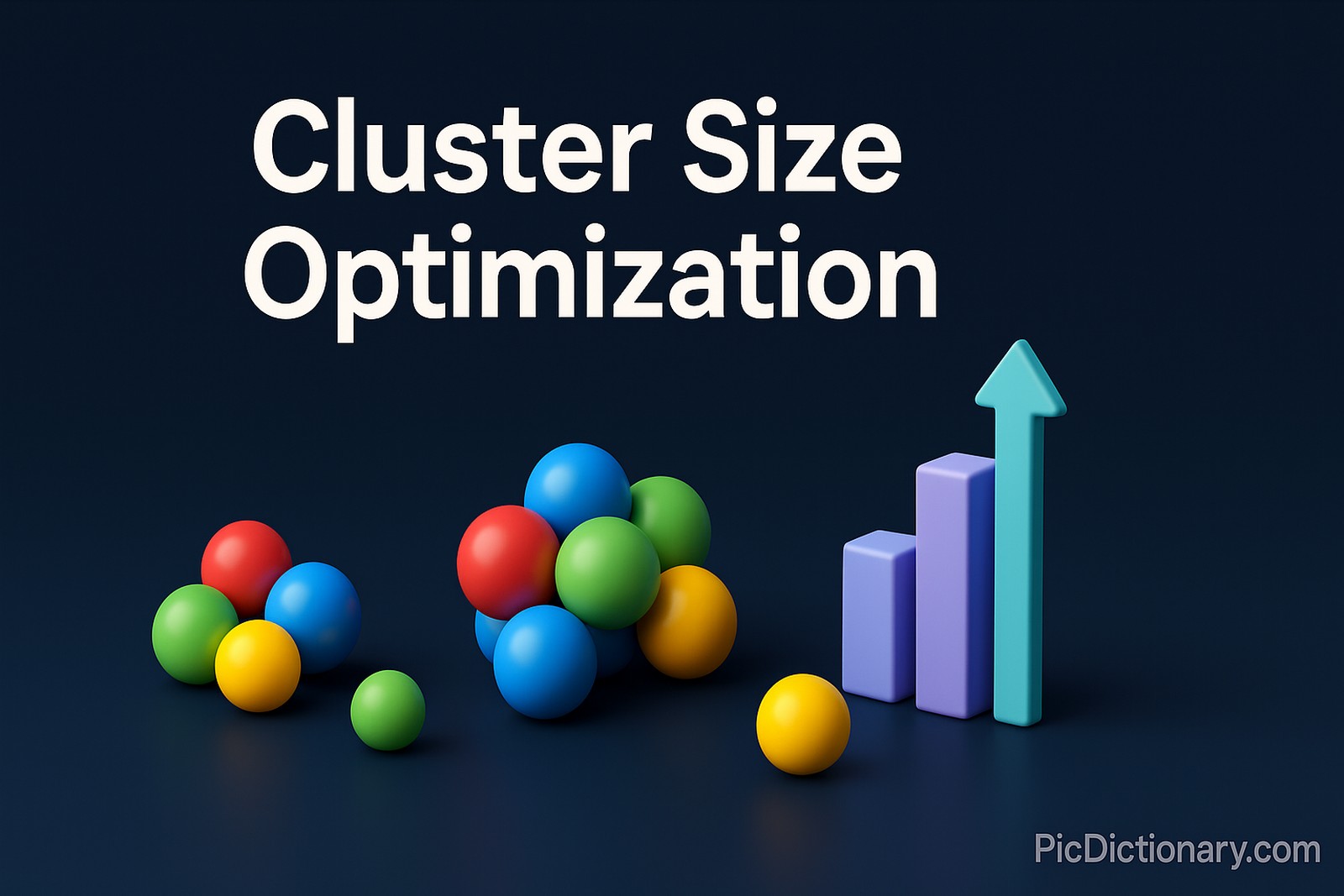  A 3D-rendered digital illustration features the title “Cluster Size Optimization” in large white text centered against a dark blue background. Below the title, three colorful clusters of glossy spheres—each group increasing in size—are arranged from left to right. On the far right, vertical bar charts with upward arrows symbolize performance improvement.