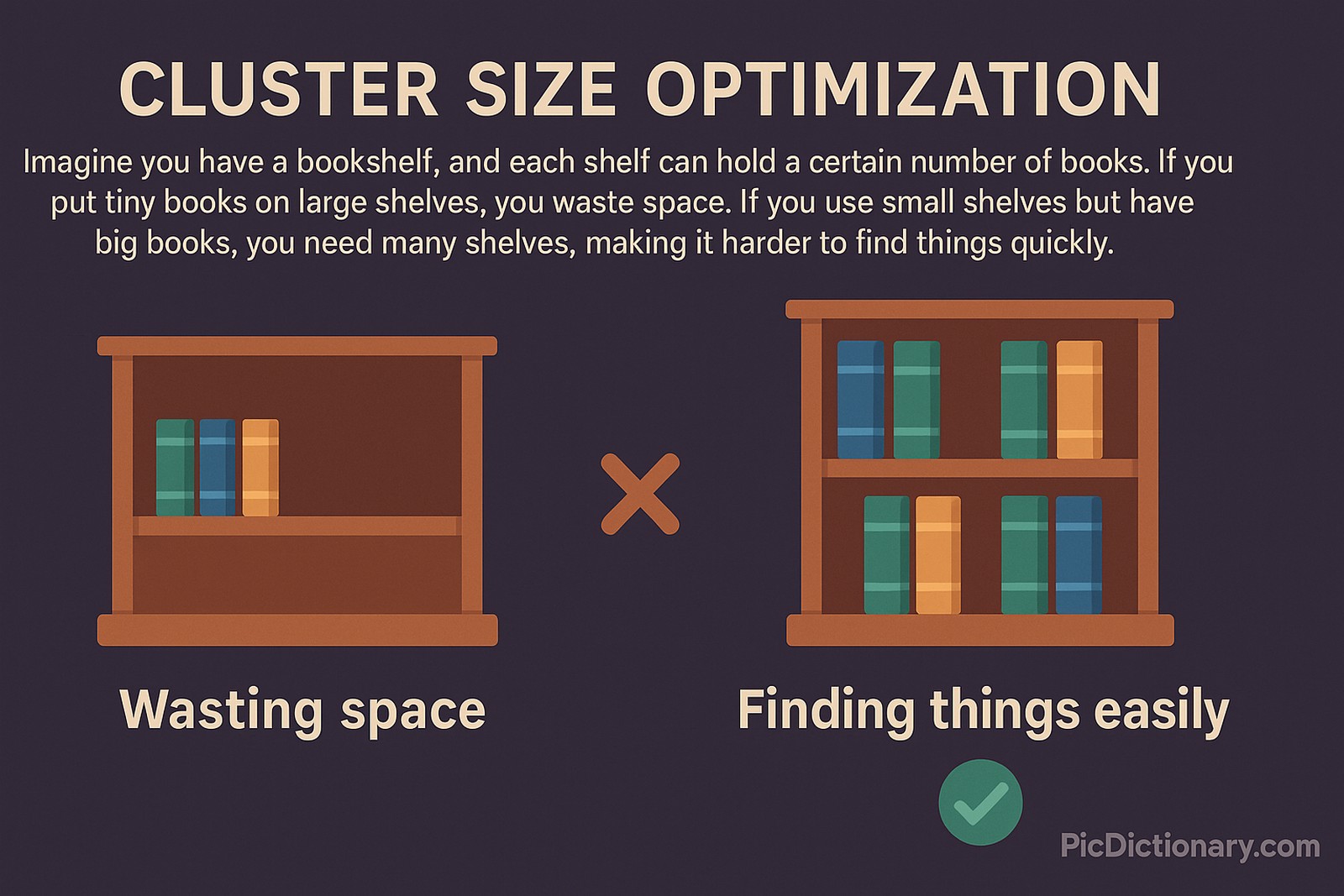 A 2D digital illustration showing two bookshelves against a dark purple background. The left shelf has large gaps between a few small books, labeled "Wasting space." The right shelf is efficiently filled with books of matching sizes, labeled "Finding things easily.