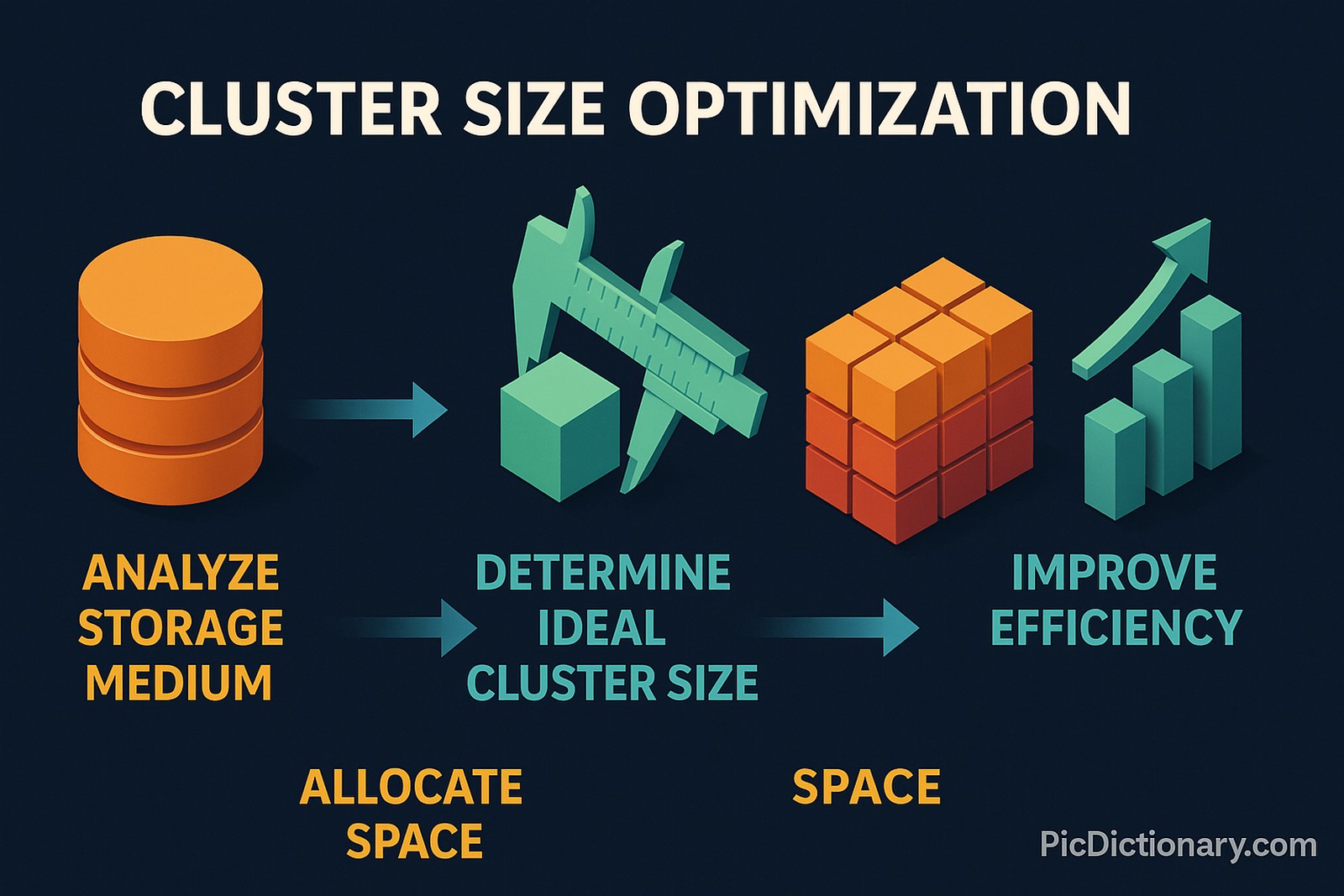  A 3D infographic titled "Cluster Size Optimization" showing four steps—analyzing storage medium, determining ideal cluster size using a caliper and cube, visualizing optimized space with a block grid, and improved efficiency represented by a rising bar chart