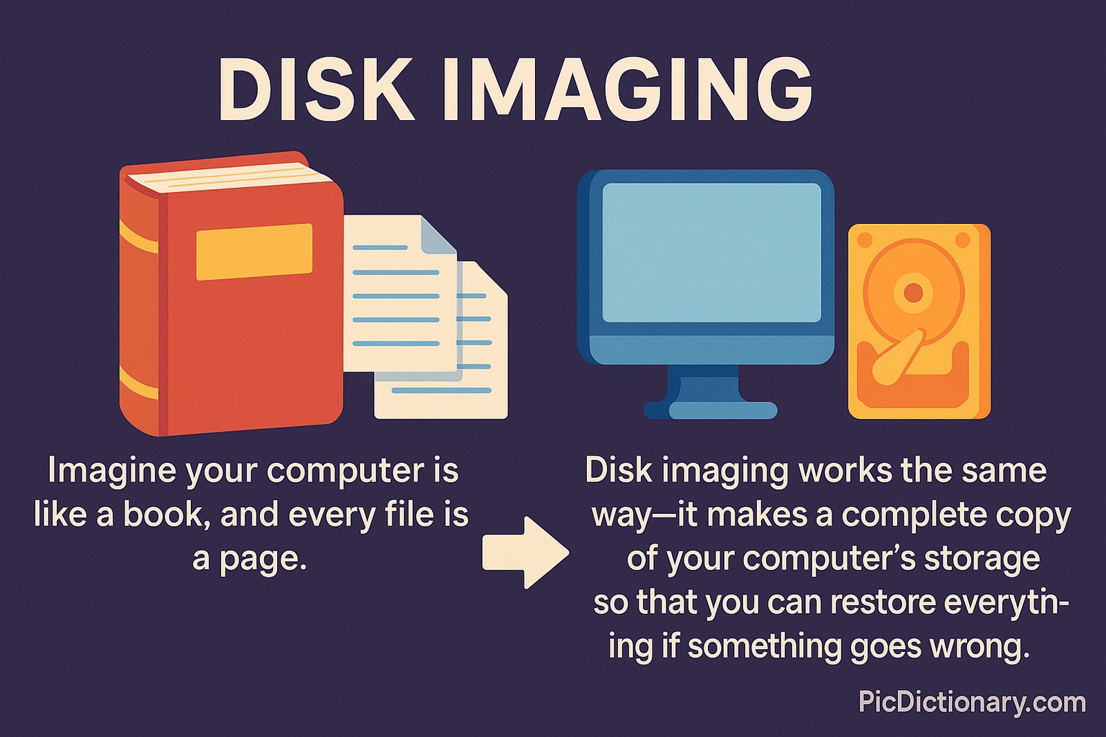 A 2D digital illustration explains disk imaging by comparing it to copying a book. On the left, a red book with pages represents a computer and its files. On the right, a monitor and a hard disk icon illustrate storage. Between them is a rightward arrow. The text explains: “Imagine your computer is like a book, and every file is a page. Disk imaging works the same way—it makes a complete copy of your computer’s storage so that you can restore everything if something goes wrong.