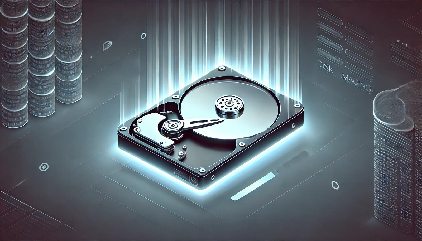  A digital illustration of disk imaging, showing a hard drive duplicating onto another storage device with a glowing, translucent digital copy. The futuristic, minimalistic design highlights the data transfer process in a tech-inspired setting.