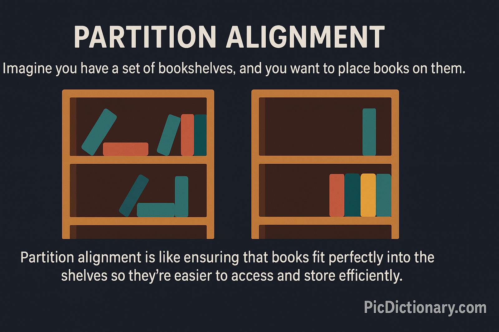 A flat-style digital illustration on a dark navy background shows two wooden bookshelves. The left shelf has books placed haphazardly, sticking out and misaligned. The right shelf has books neatly aligned and fitting perfectly. Text above and below explains that partition alignment is like arranging books properly to maximize space and ease of access.