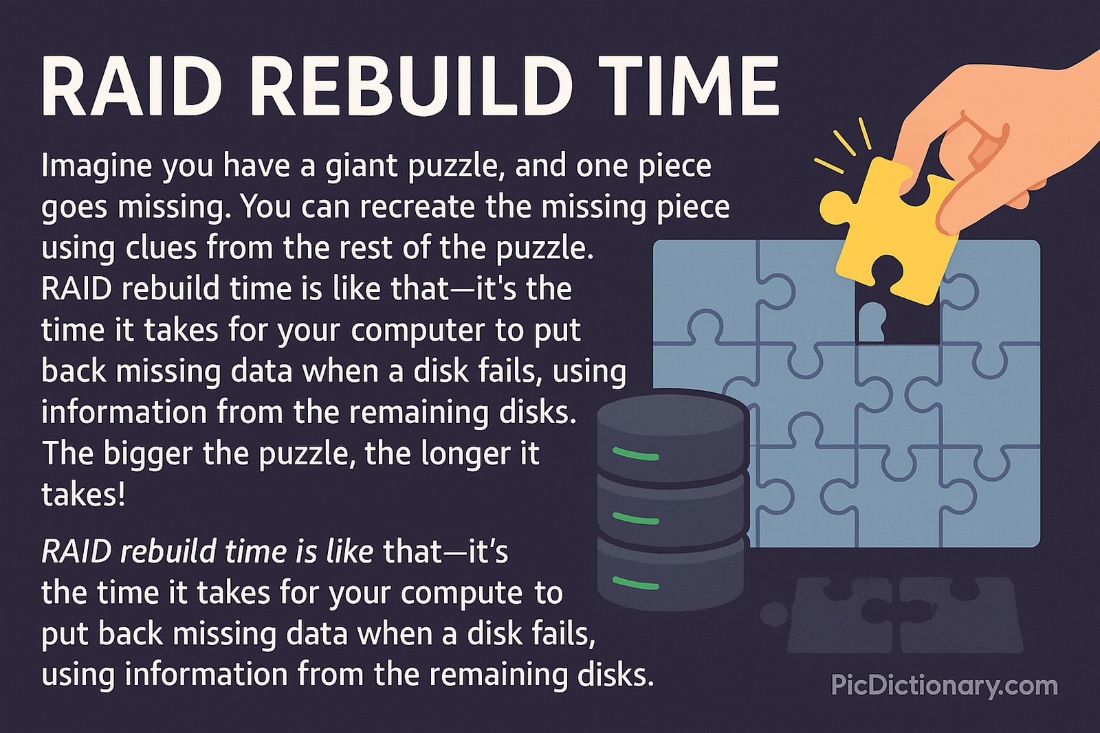 A 2D digital illustration visually explains RAID rebuild time using a puzzle analogy. On the right, a large blue puzzle has a missing piece, which a hand is placing in, representing data recovery. Three black server disks are stacked below the puzzle.