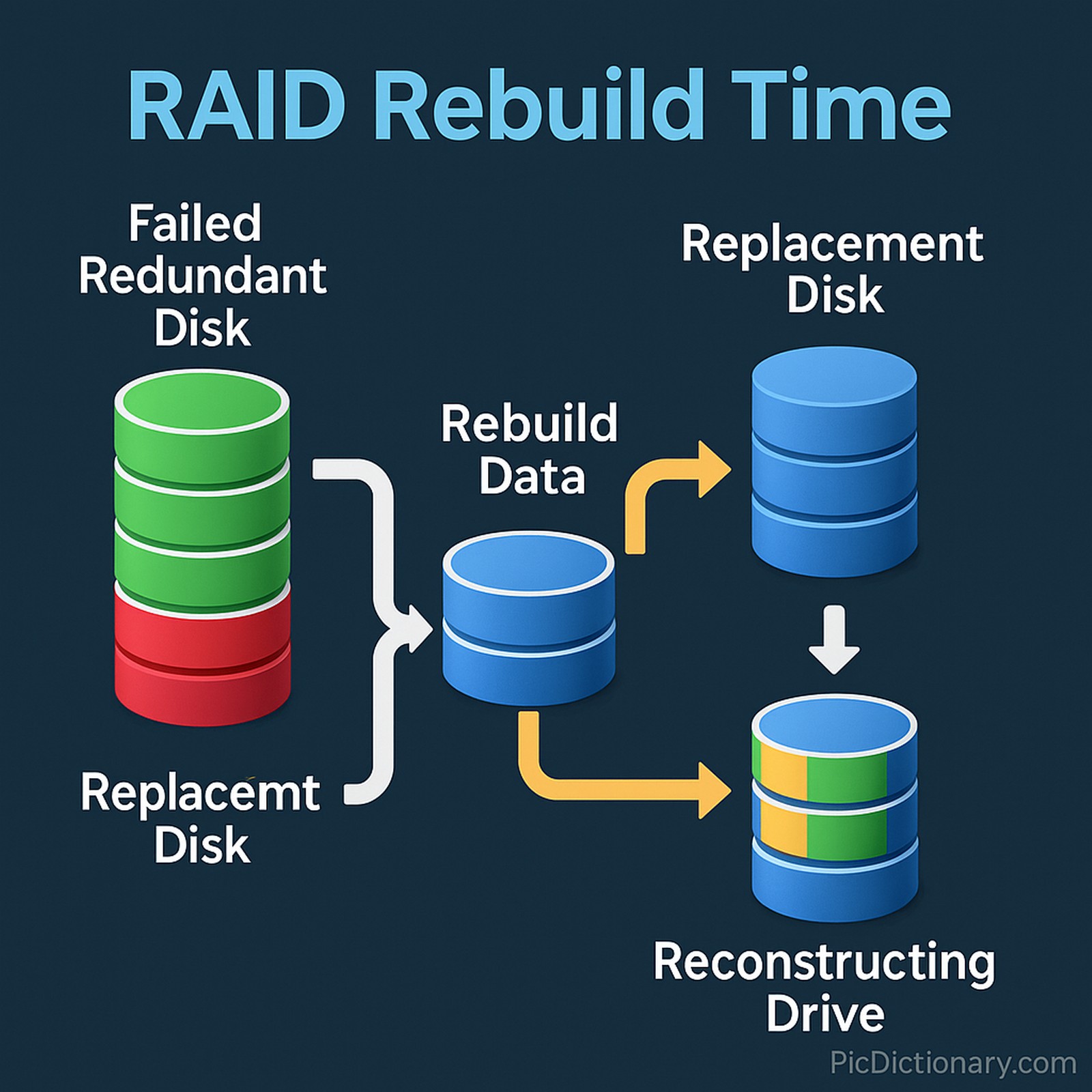  A 3D-style infographic titled "RAID Rebuild Time" shows a step-by-step process: a failed redundant disk on the left, with arrows pointing to a new replacement disk and a rebuild data step, leading to a reconstructing drive