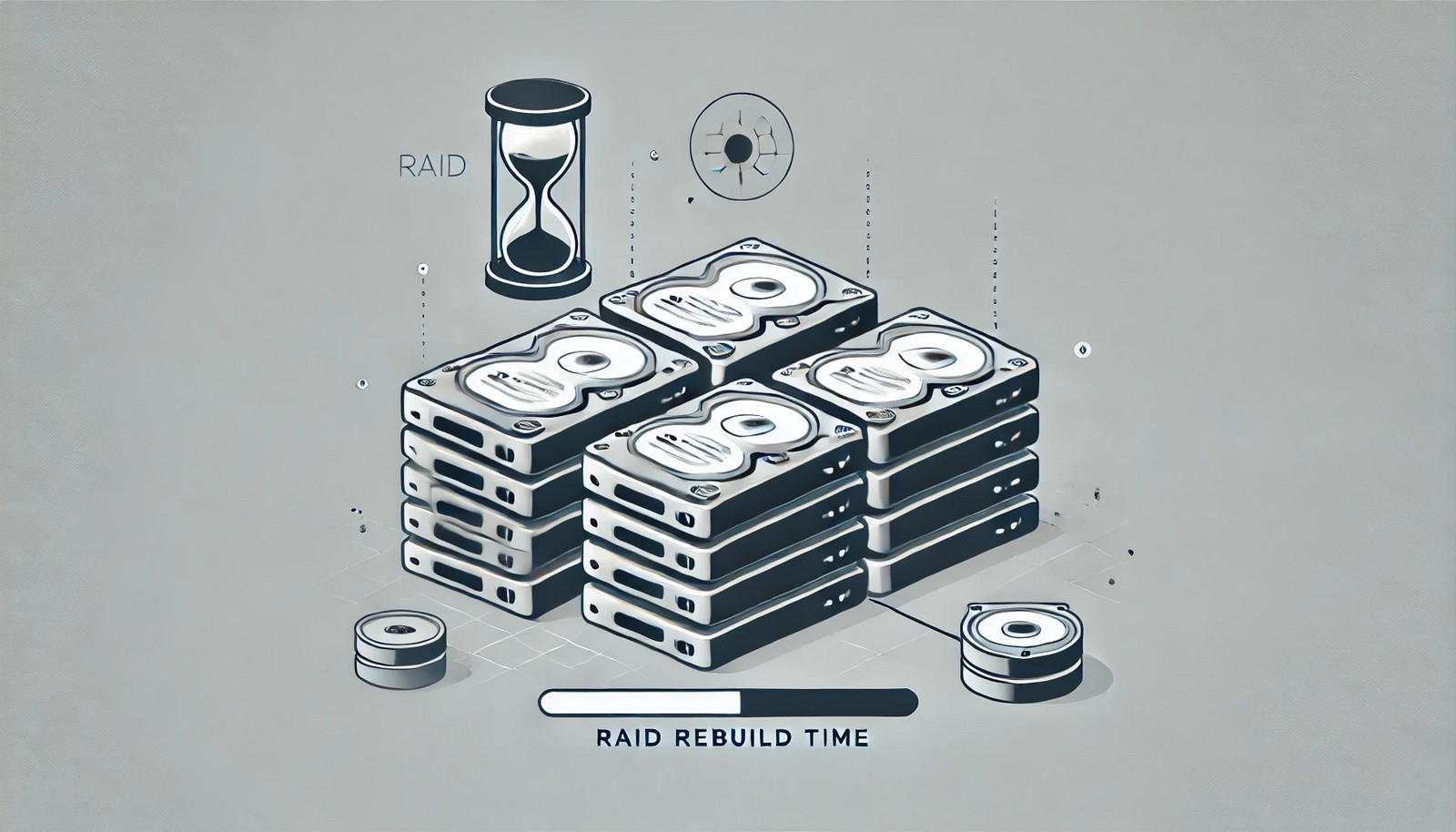 Minimalistic digital illustration of RAID rebuild time, showing a RAID array with multiple disks, one of which is being reconstructed using data from the remaining drives. A progress indicator represents the rebuilding process.