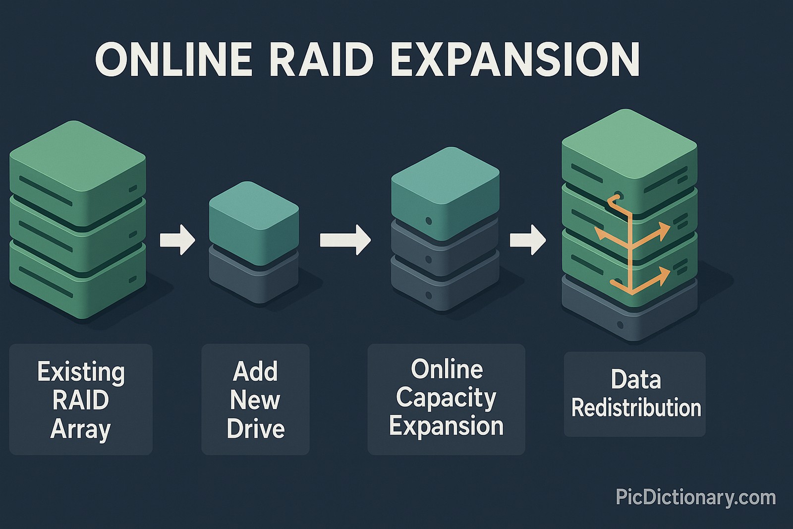 A 3D digital infographic illustrating the concept of Online RAID Expansion. The image shows four labeled stages from left to right: "Existing RAID Array" with stacked server drives, "Add New Drive" with a new disk added, "Online Capacity Expansion" with integrated storage, and "Data Redistribution" with arrows showing data spreading across all drives. 