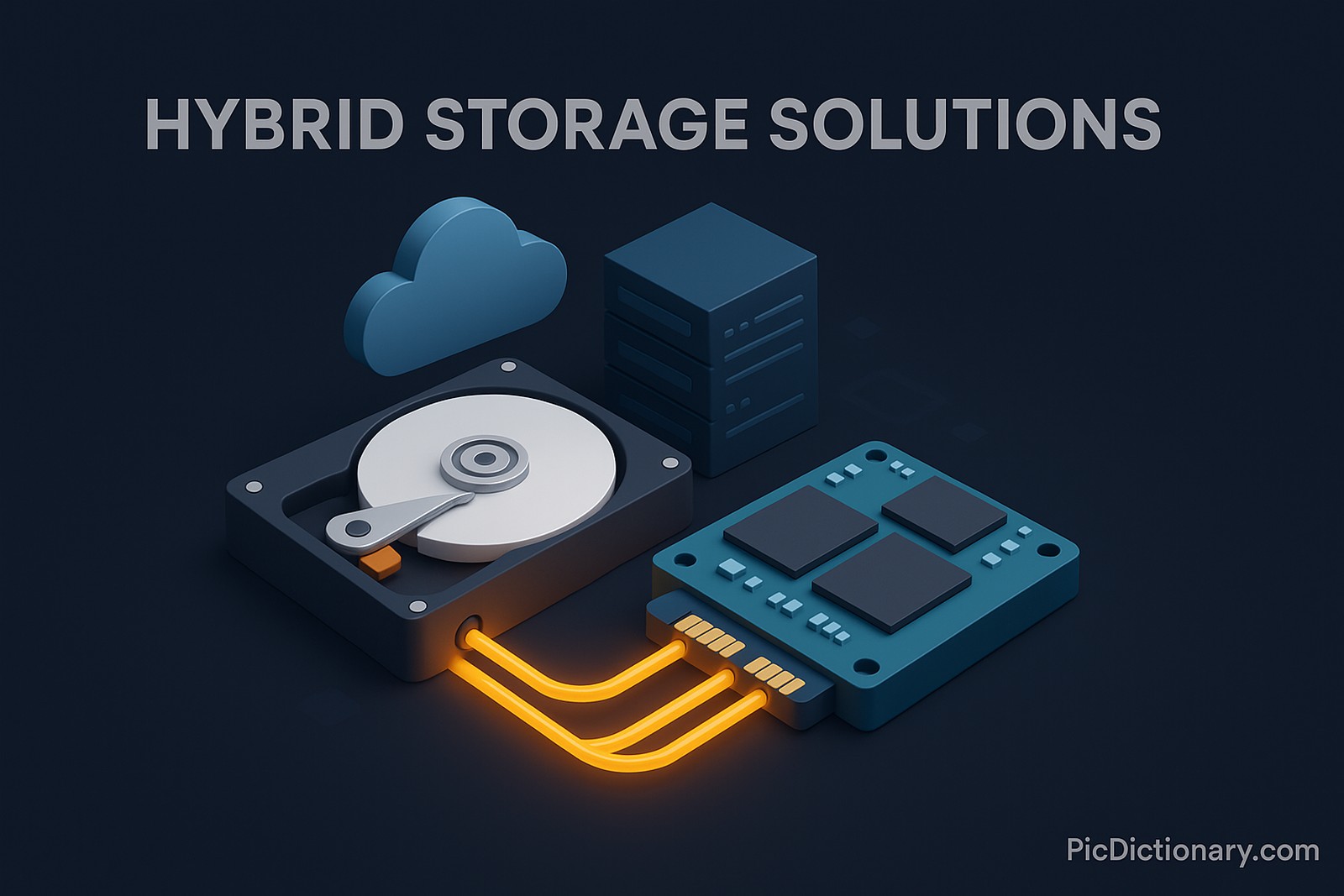 A 3D-rendered digital illustration titled "Hybrid Storage Solutions" displayed prominently at the top in bold, modern typography. The scene visually combines two types of storage systems: a traditional hard disk drive (HDD) with rotating platters on one side, and a solid-state drive (SSD) represented by chip modules on the other. These are linked together through glowing data pipelines symbolizing high-speed data transfer. The background is a dark gradient (e.g., deep navy or charcoal) that highlights the storage units. Cloud storage icons and an abstract server rack appear in the background to represent cloud and on-prem hybrid integration