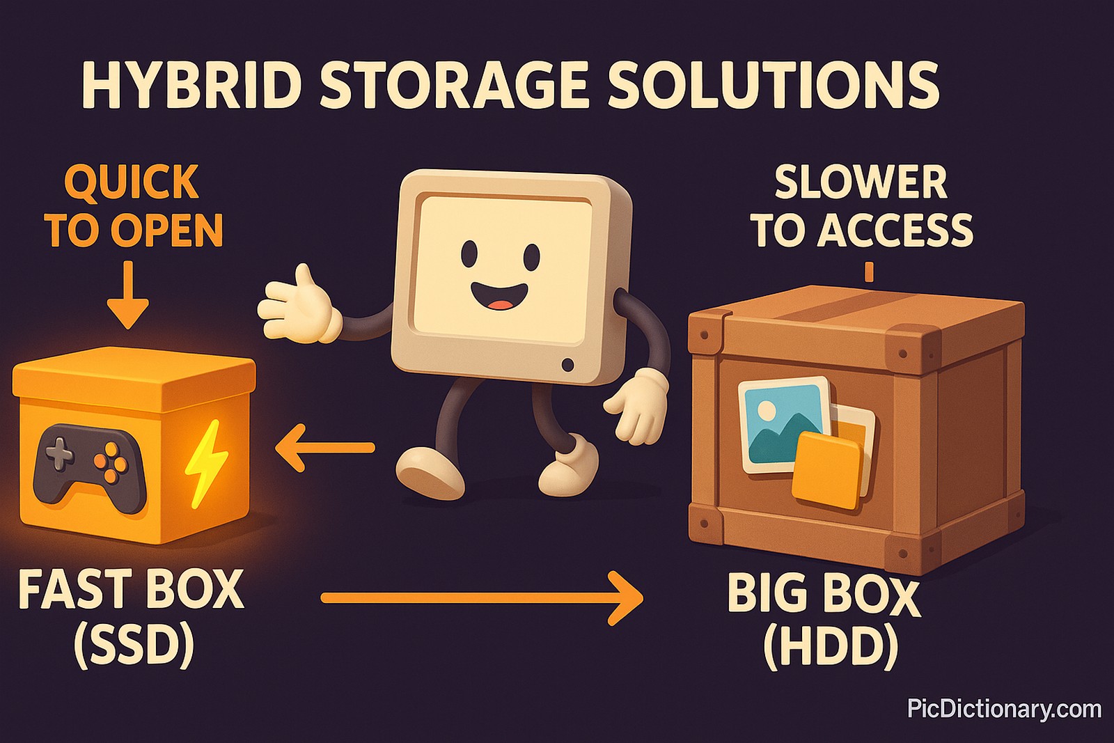 A playful 3D illustration shows two labeled boxes: one small, glowing, and labeled “Fast Box (SSD)” with icons like a game controller and a lightning bolt, and another large, sturdy box labeled “Big Box (HDD)” with icons like photo albums and document files. Arrows show quick access to the fast box and slower access to the big box. Above them, a cheerful computer character smiles while accessing both boxes, symbolizing a hybrid storage system.