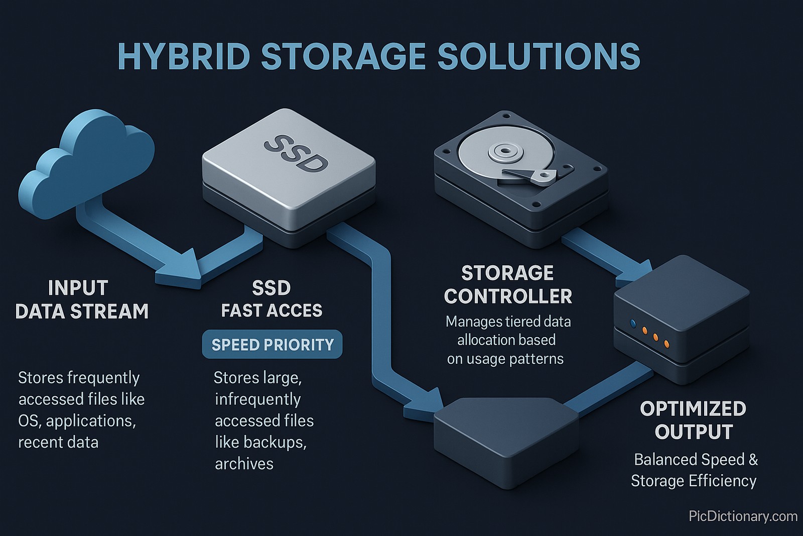 The infographic begins with a label: "Hybrid Storage System" at the top center. The process flows from left to right: