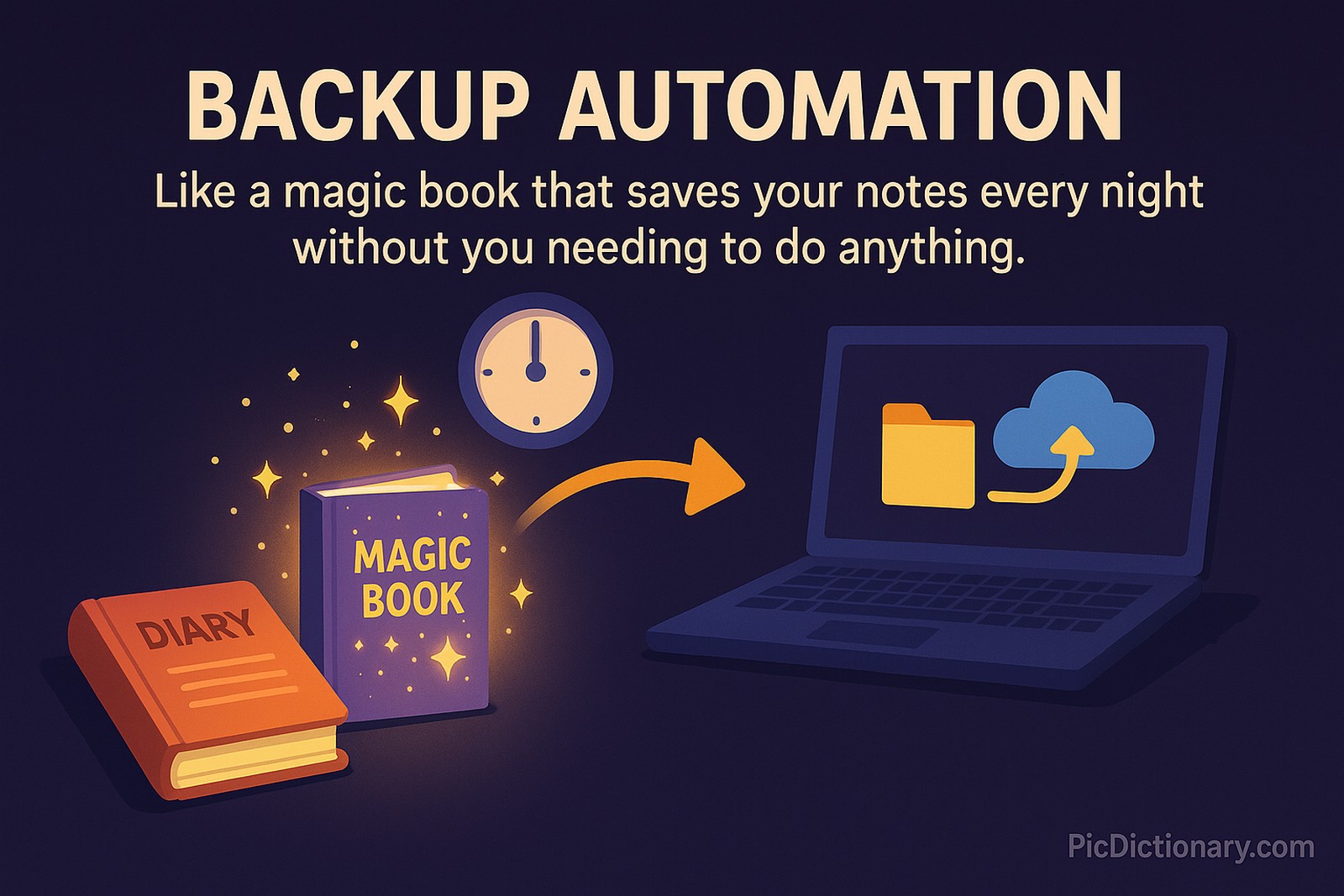 A 3D-style illustration showing a child’s diary on a desk, with a magical glowing book beside it. At night, a clock shows midnight as the glowing book creates a duplicate of the diary automatically with sparkles and arrows indicating the copying process. A laptop in the background mirrors this concept by showing files being backed up to a cloud storage system. Text on the image says: “Backup Automation – Like a magic book that saves your notes every night without you needing to do anything.”