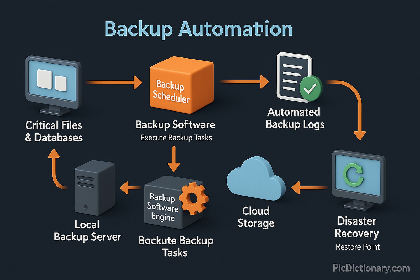 A 3D infographic in dark tones illustrating the step-by-step process of backup automation. The workflow starts with a labeled computer system showing “Critical Files & Databases.” Arrows point to a “Backup Scheduler” block, symbolizing automation rules and timing. The next step features a “Backup Software Engine” box executing tasks, connected to both “Local Backup Server” and “Cloud Storage” icons. A gear icon near the software indicates automation. Another step shows “Automated Backup Logs” with a checkmark symbolizing completion and monitoring. Finally, a “Disaster Recovery” section is shown restoring data back to the original system, marked with a “Restore Point” label. All components are interconnected with arrows, and each is tagged with brief, clear labels. 
