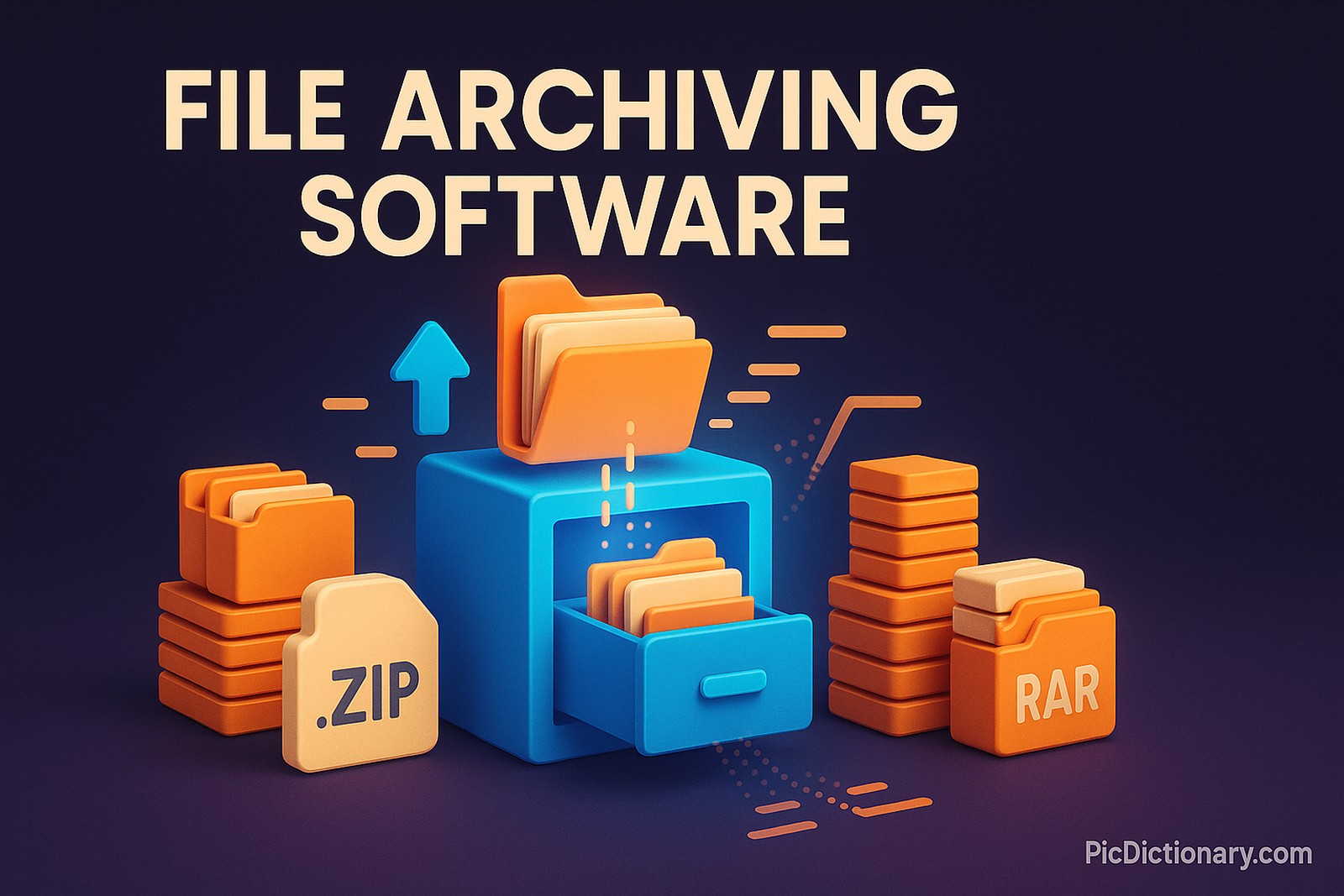 A 3D-rendered illustration depicting the concept of file archiving software. The scene features a glowing digital filing cabinet surrounded by neatly stacked file icons and compressed folder symbols (e.g., .zip, .rar). Some folders are shown being packed into the cabinet, with visual effects like arrows and digital compression lines indicating data reduction and organization. A label in bold text reads “File Archiving Software” at the top center of the image.
