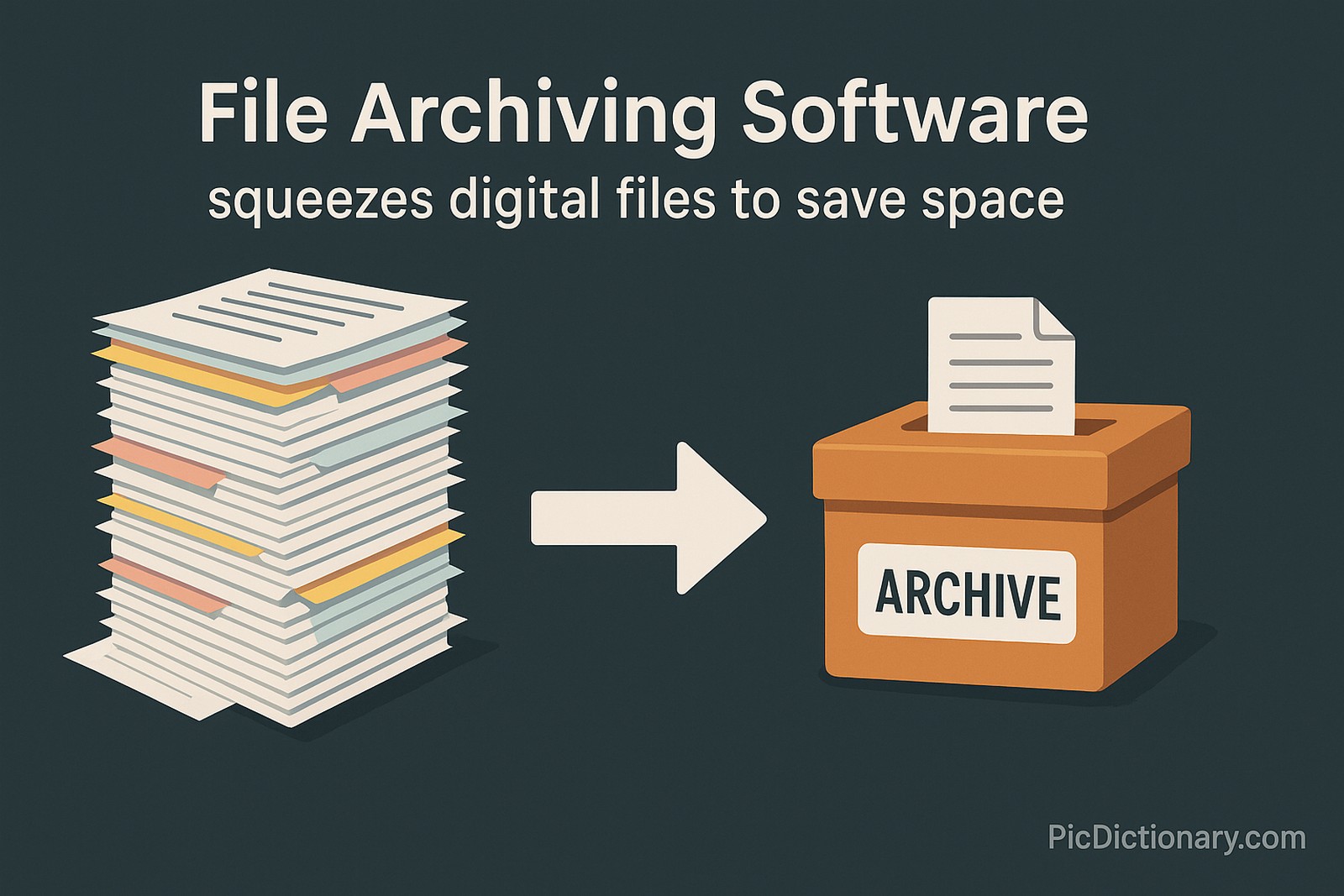 A 3D illustration showing a large stack of colorful papers being compressed tightly into a small, labeled box marked "Archive". On one side, the loose papers are scattered and occupy a lot of space; on the other side, they are neatly packed into the box. A digital file icon (like a document or folder) is visible on the box to represent computer files. A label reads: “File Archiving Software squeezes digital files to save space.” 