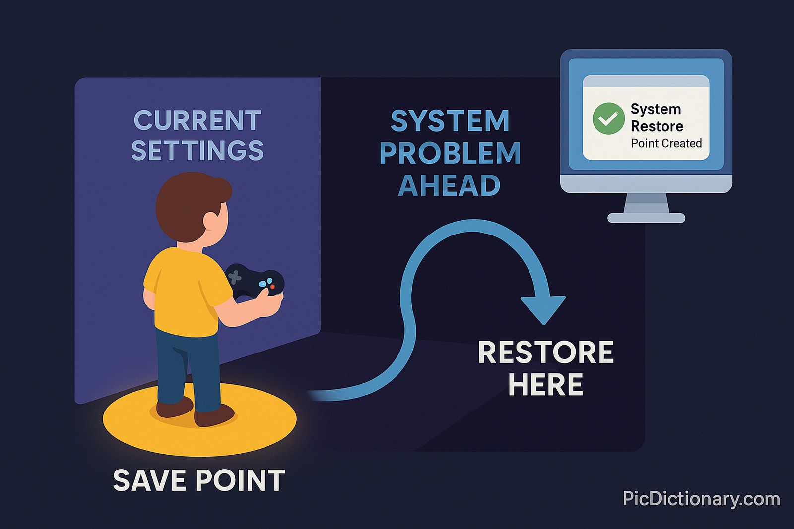 A 3D-style digital illustration shows a character playing a video game, standing at a glowing "Save Point" before entering a dark area labeled "System Problem Ahead." Behind the character is a bright, safe zone labeled "Current Settings." A curved arrow labeled "Restore Here" loops back from the dark zone to the glowing Save Point. On the side, a small icon of a desktop computer displays a dialog box with the title "System Restore Point Created."