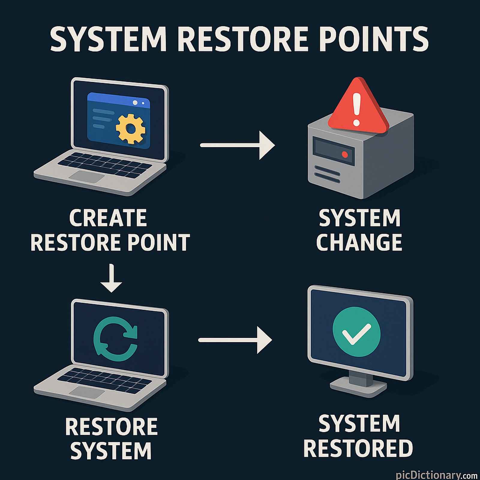 A 3D-style infographic titled "System Restore Points" illustrates the concept with four labeled steps. The top-left shows a laptop with a gear icon and the label "Create Restore Point." The top-right depicts a system tower with a red warning sign labeled "System Change." The bottom-left displays a laptop with a circular restore icon labeled "Restore System." The bottom-right shows a monitor with a green checkmark labeled "System Restored.