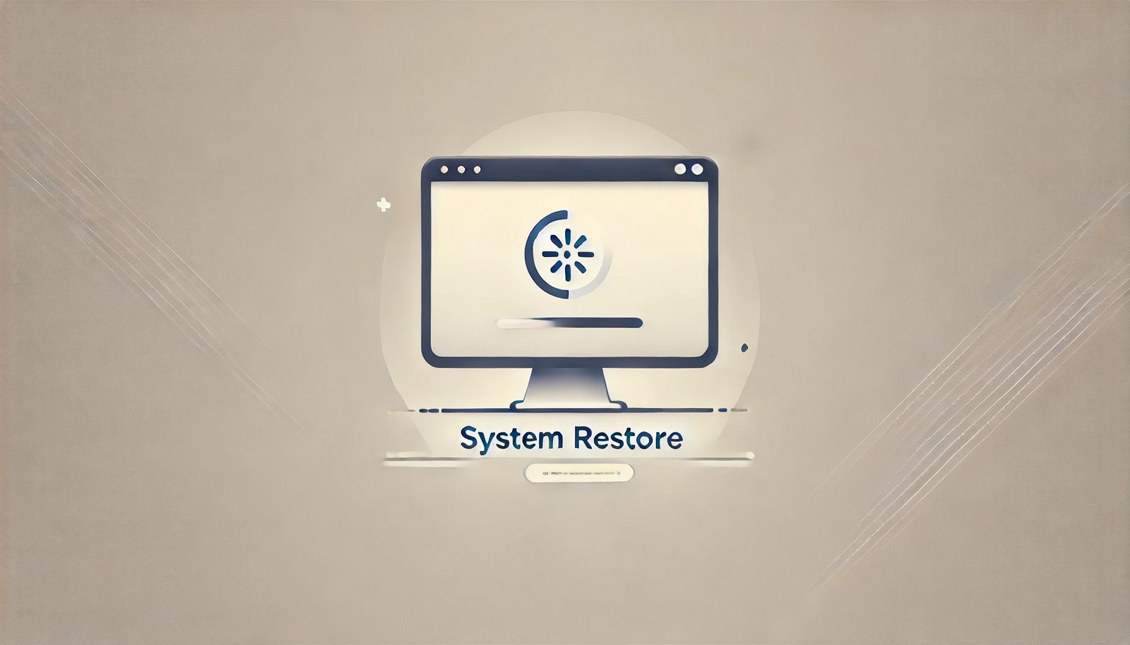  A minimalistic digital illustration of a computer screen displaying a system restore window with a progress bar. The background features a subtle time rewind effect, symbolizing system recovery. The design is clean, with smooth gradients and modern UI elements.
