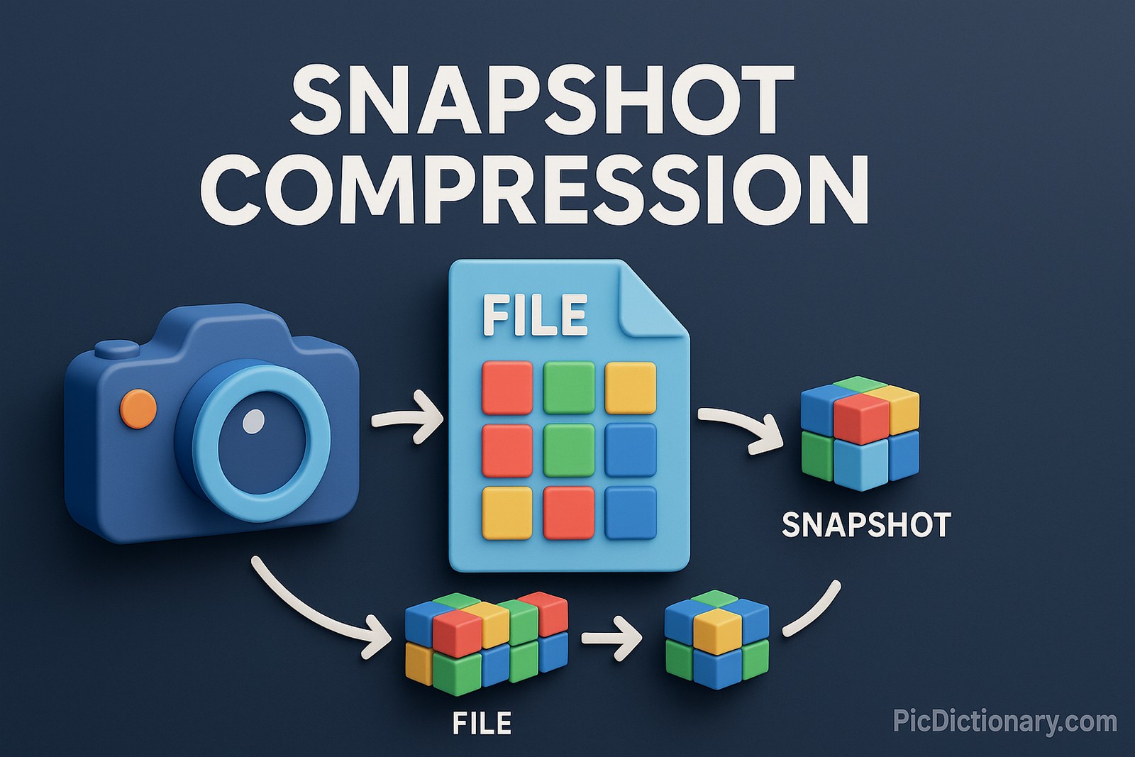 A 3D infographic-style illustration showing the concept of "Snapshot Compression" as a featured article image. The scene includes a digital snapshot camera icon or data storage system taking a "snapshot" of a large file, followed by visual compression steps—data blocks being reduced, squashed, or optimized into smaller space-efficient forms. The compressed snapshot is clearly marked and visually distinct. Title text "Snapshot Compression" is placed prominently within the image.