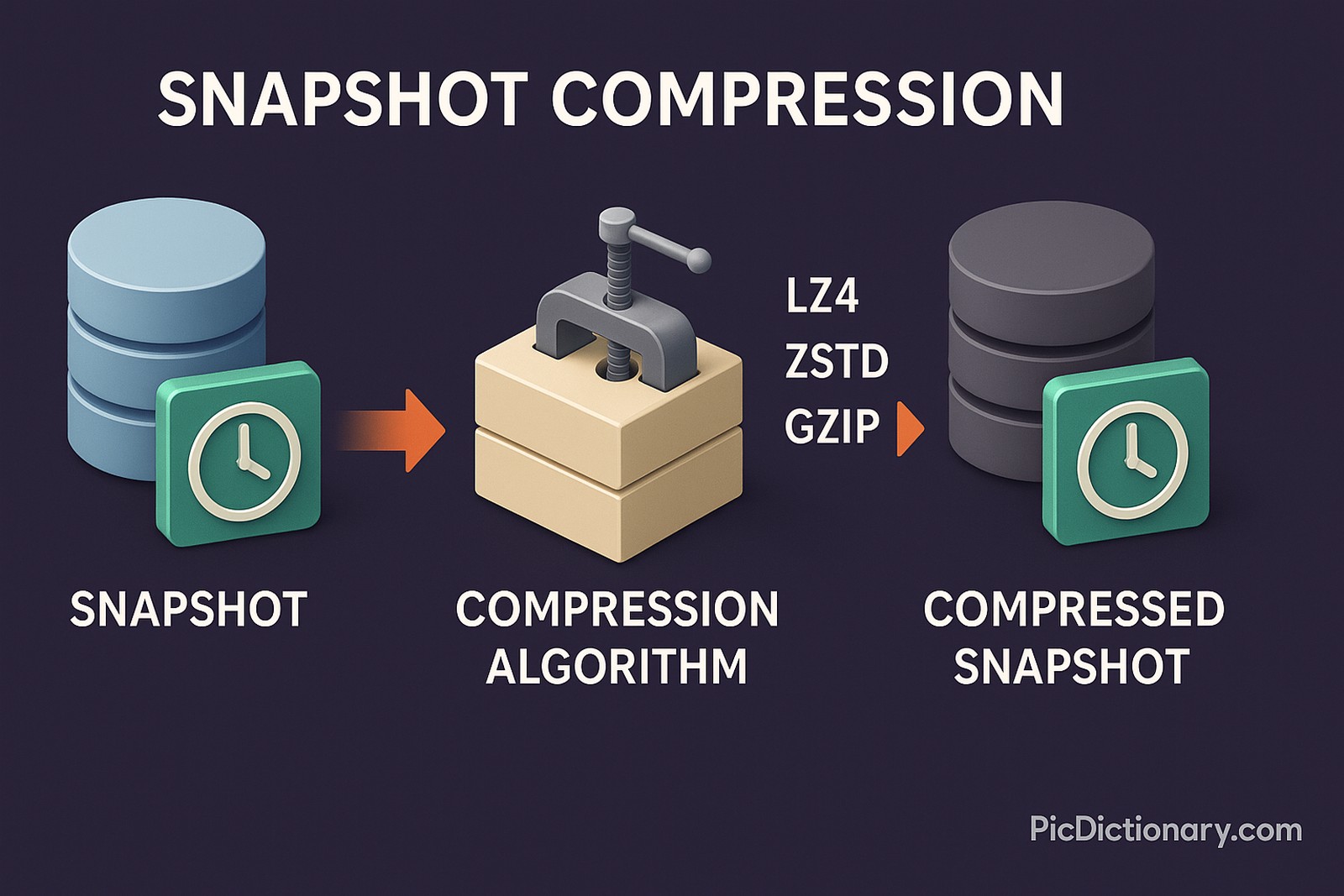 A 3D infographic titled "SNAPSHOT COMPRESSION" displays a step-by-step visual of the snapshot compression process. On the left, a blue cylindrical database icon with a green clock symbol represents the original "Snapshot." In the center, a beige compression clamp labeled "COMPRESSION ALGORITHM" shows the compression process, with algorithm names "LZ4," "ZSTD," and "GZIP" floating beside it. On the right, a darker, compact version of the database icon labeled "COMPRESSED SNAPSHOT" represents the final result. 