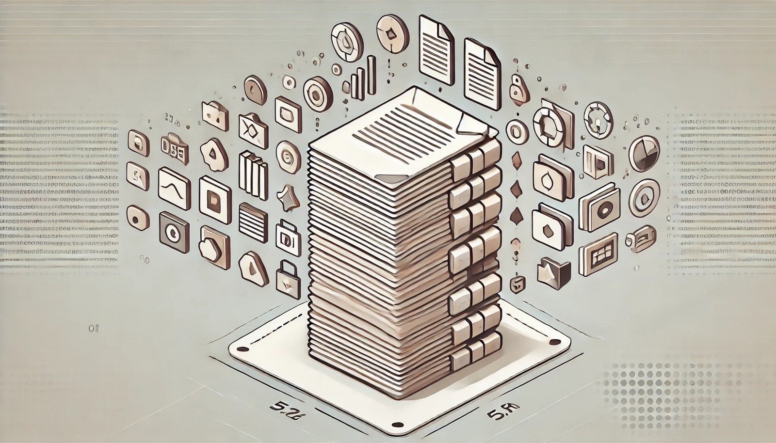 A modern digital illustration depicting compression ratios, showing a large file shrinking into a smaller one. Icons for text, images, and videos are being compacted, symbolizing data compression efficiency in a minimalistic style.