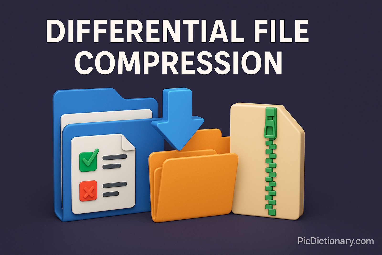 A 3D-rendered illustration titled "DIFFERENTIAL FILE COMPRESSION" on a dark purple background. The image features folders, a document with checkboxes, a large downward arrow, and a zip file icon, representing the concept of compressing only changed parts of files